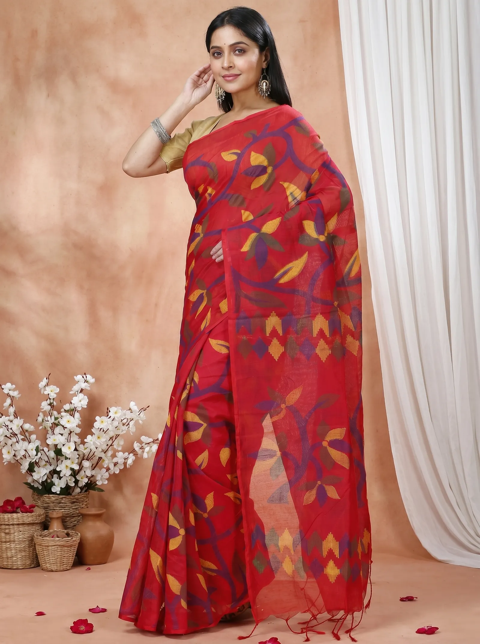 DipDiya Cotton  Traditional Bengali Red Artisan Crafted Naren Handloom Saree