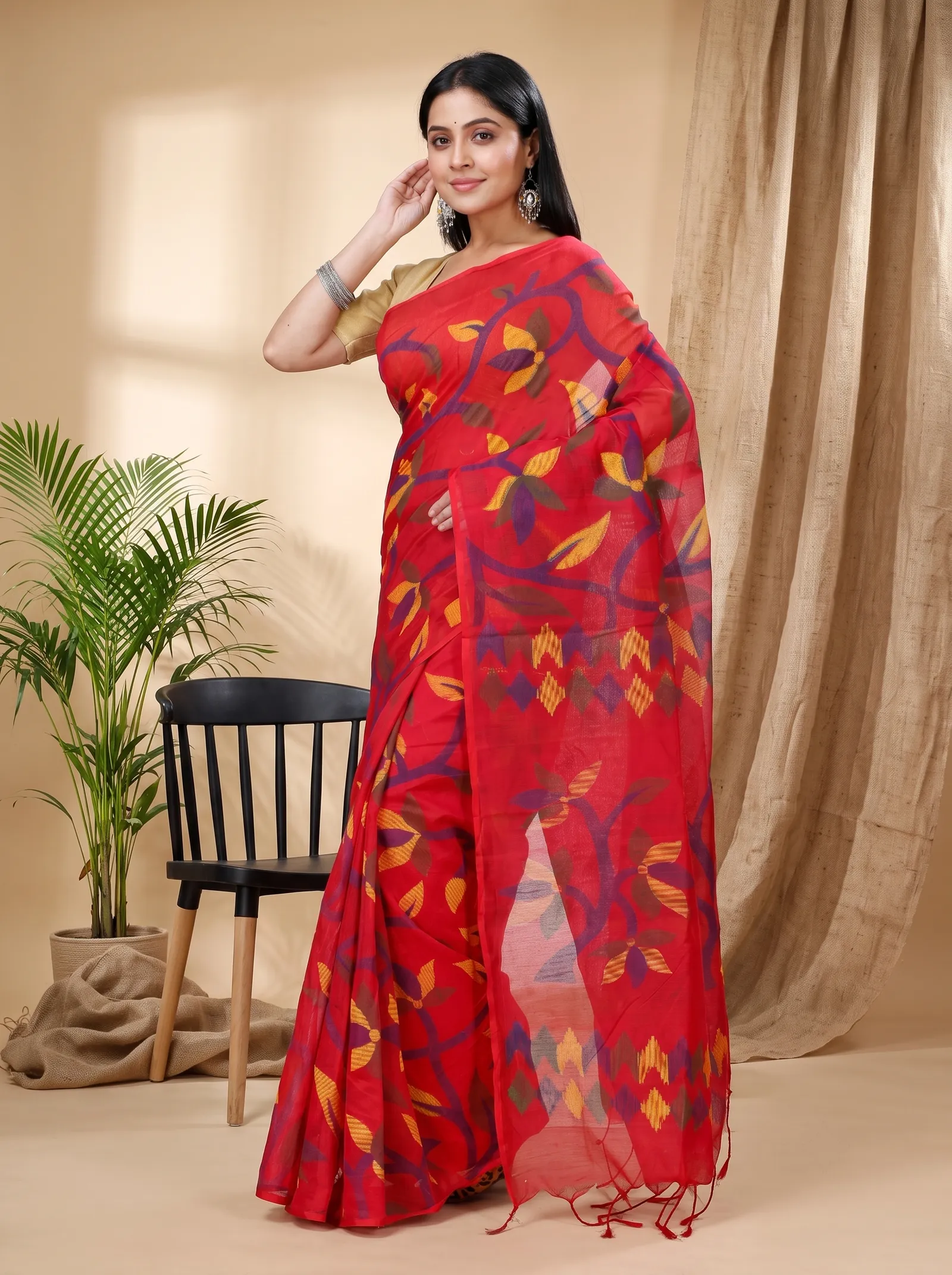 DipDiya Cotton  Traditional Bengali Red Artisan Crafted Naren Handloom Saree