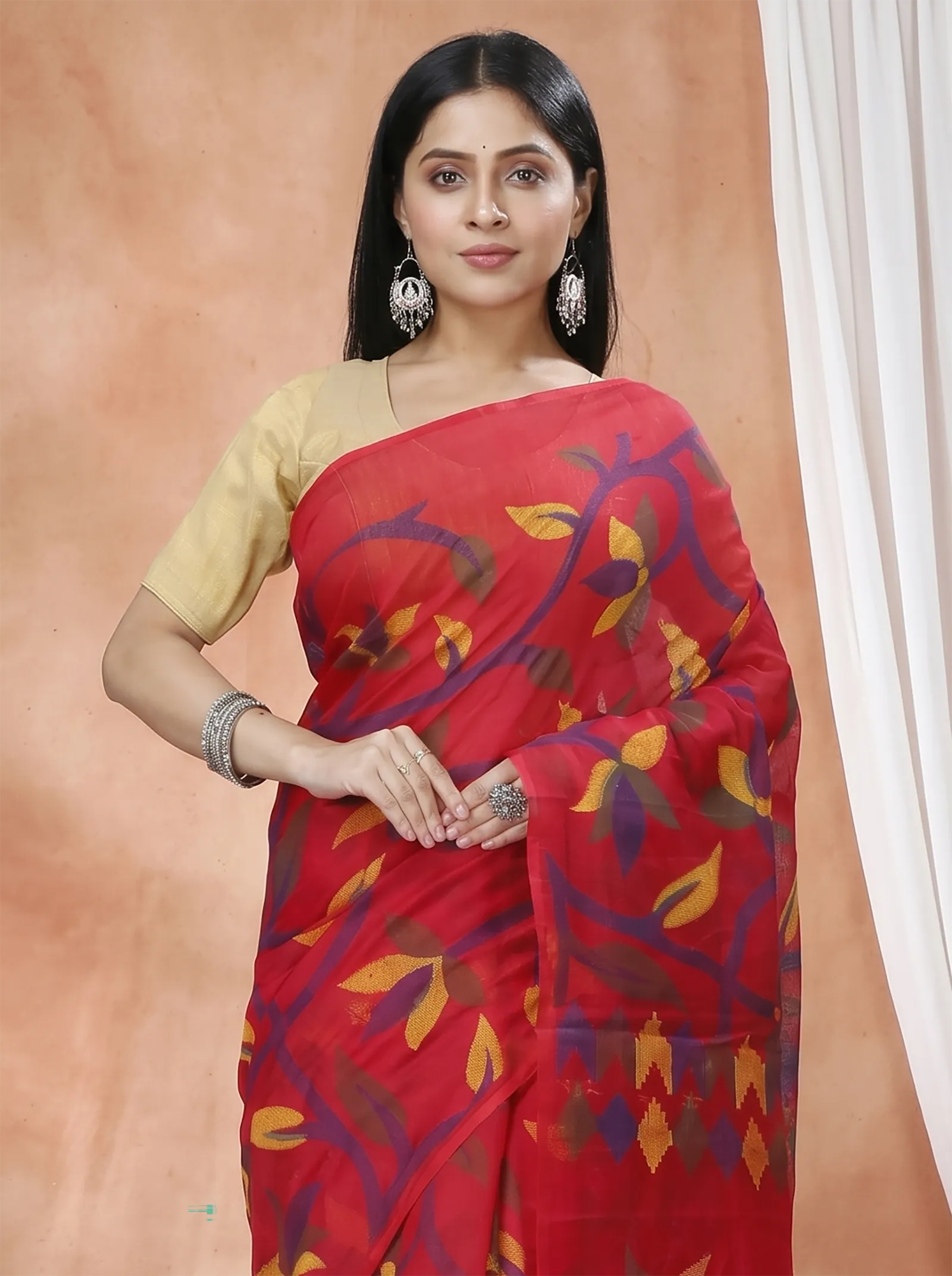 DipDiya Cotton  Traditional Bengali Red Artisan Crafted Naren Handloom Saree