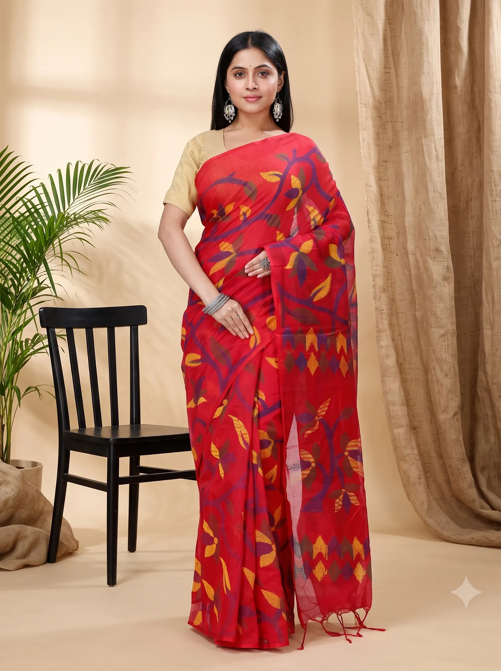 DipDiya Cotton  Traditional Bengali Red Artisan Crafted Naren Handloom Saree