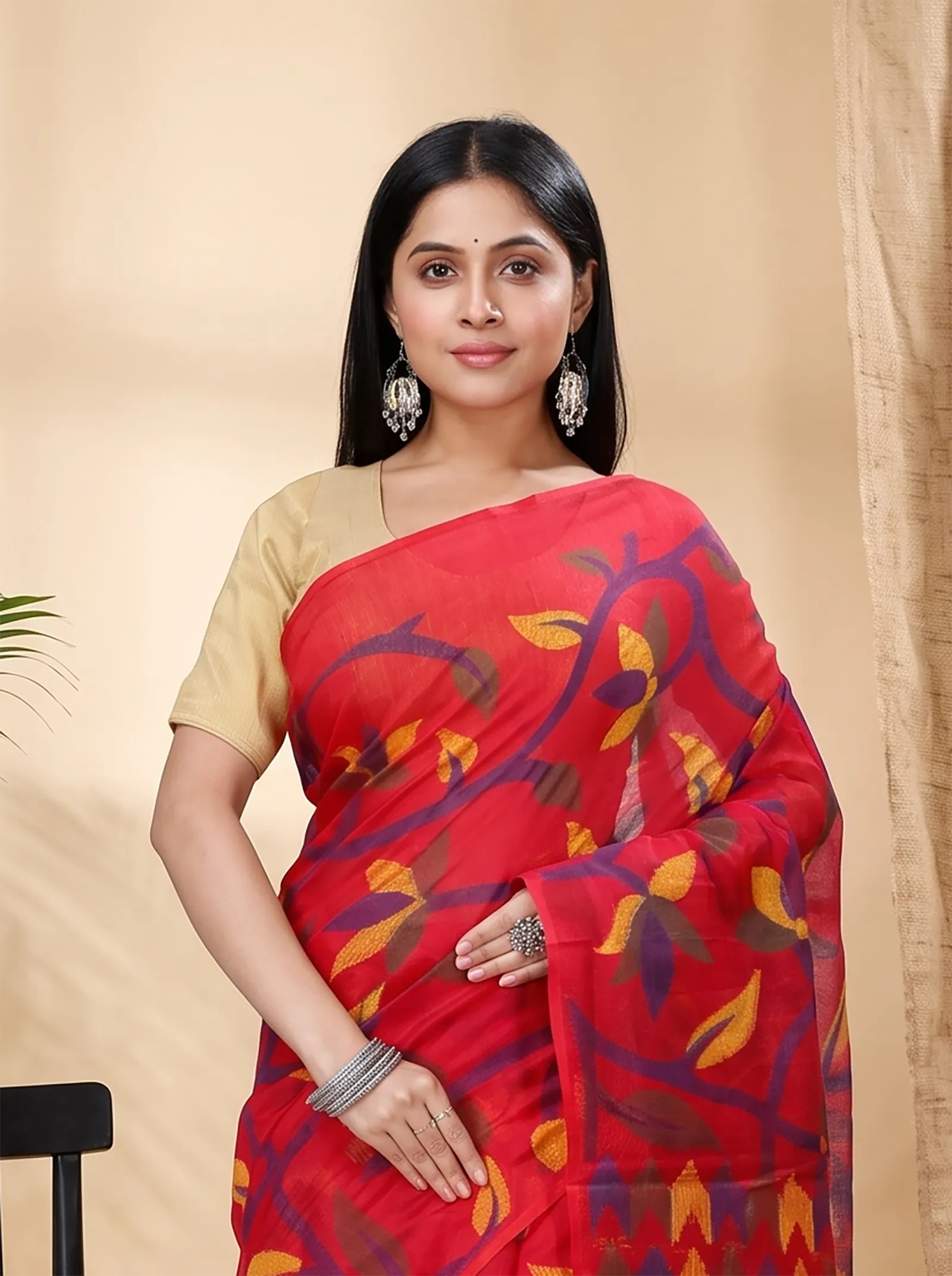 DipDiya Cotton  Traditional Bengali Red Artisan Crafted Naren Handloom Saree