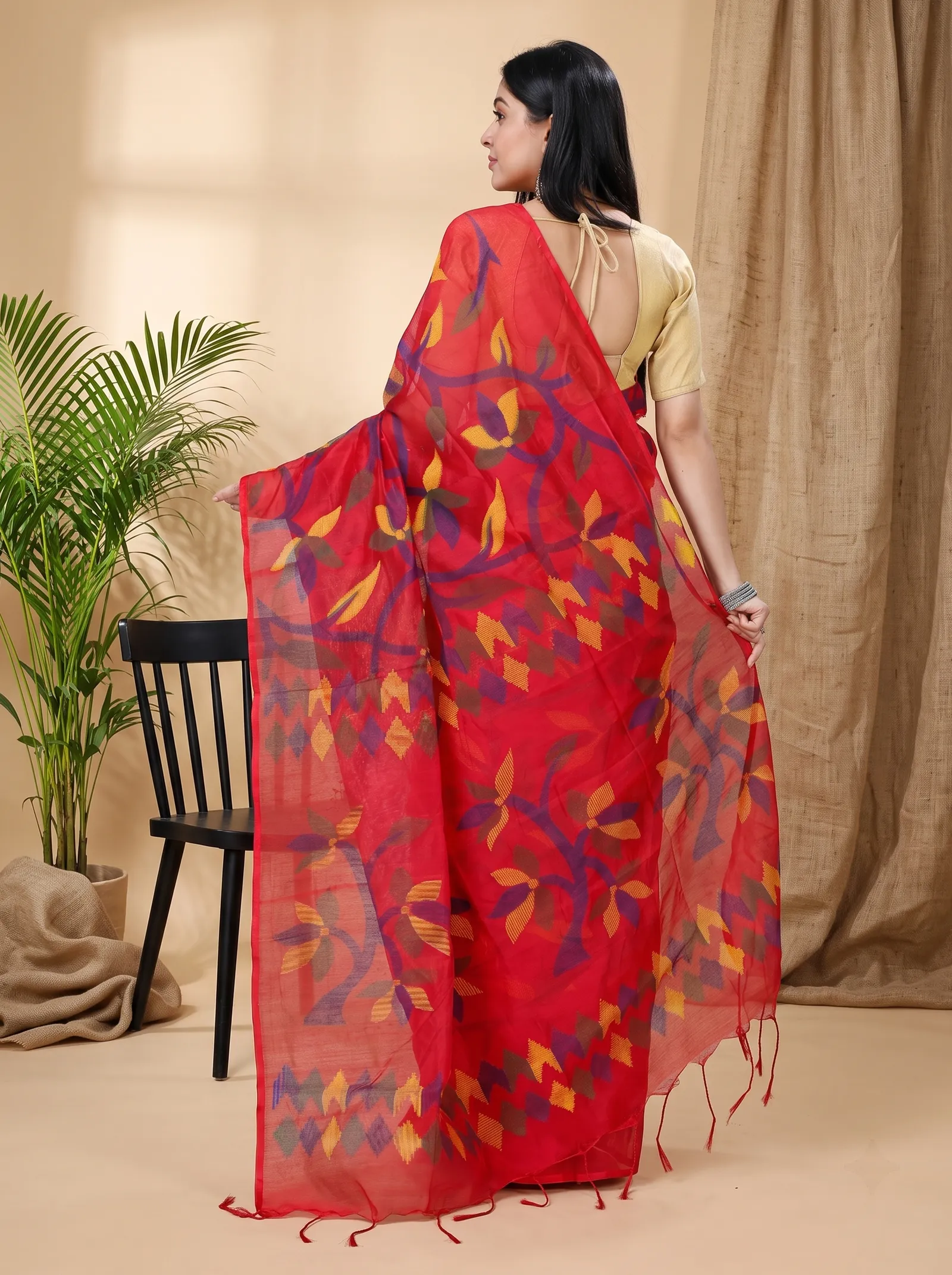 DipDiya Cotton  Traditional Bengali Red Artisan Crafted Naren Handloom Saree