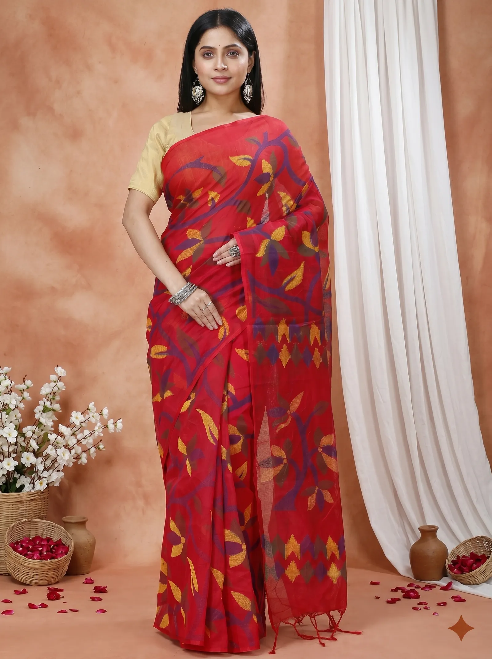 DipDiya Cotton  Traditional Bengali Red Artisan Crafted Naren Handloom Saree