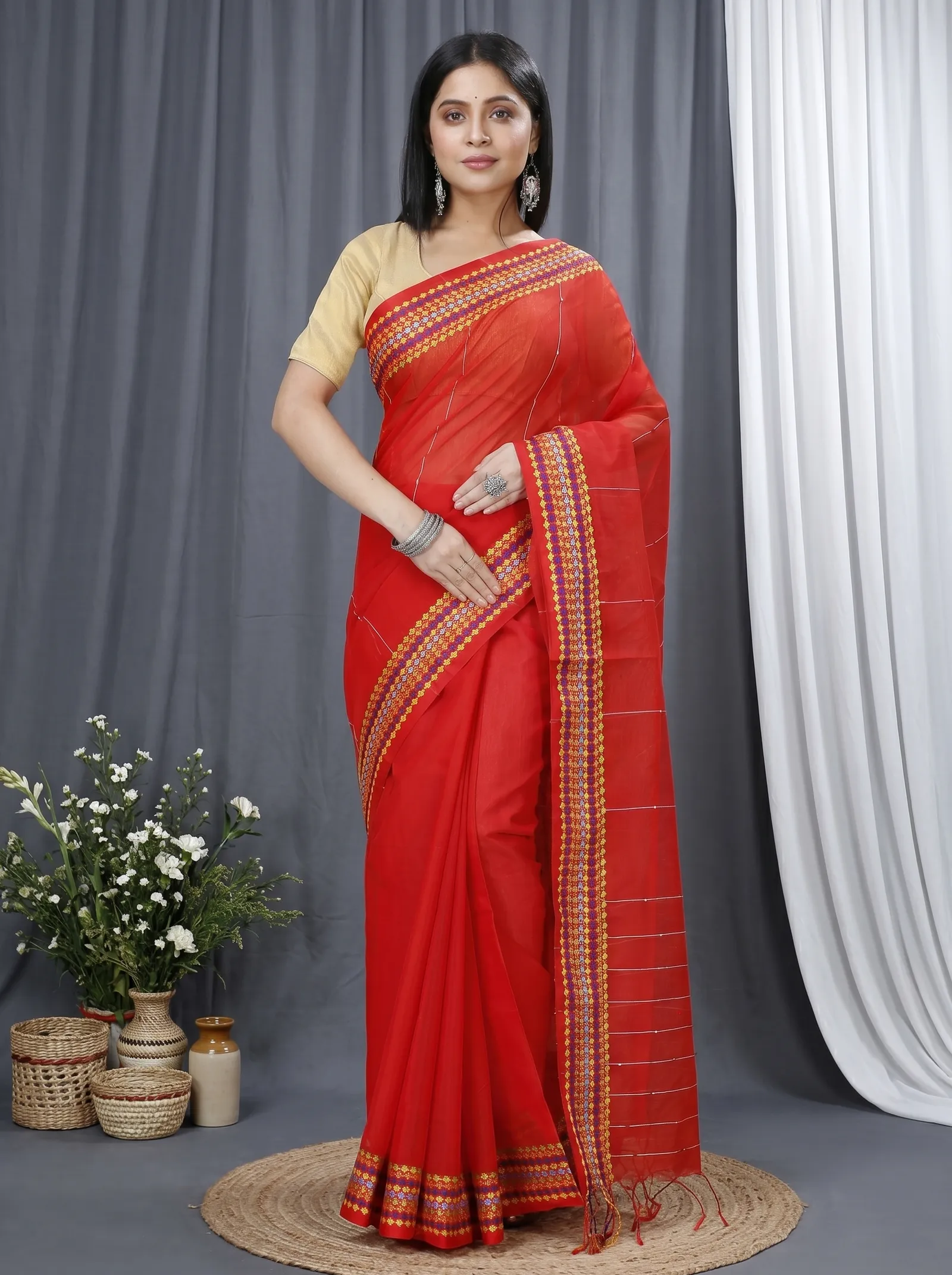 DipDiya Cotton  Traditional Bengali Red Artisan Crafted Popkn Handloom Saree