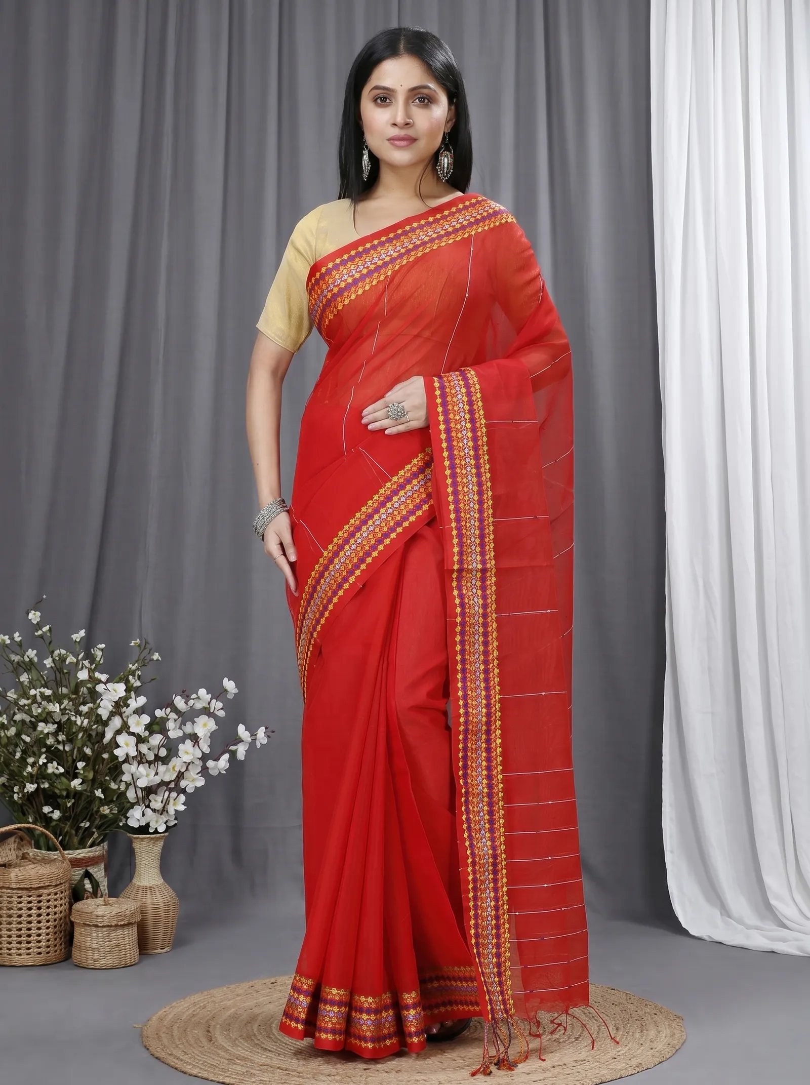 DipDiya Cotton  Traditional Bengali Red Artisan Crafted Popkn Handloom Saree