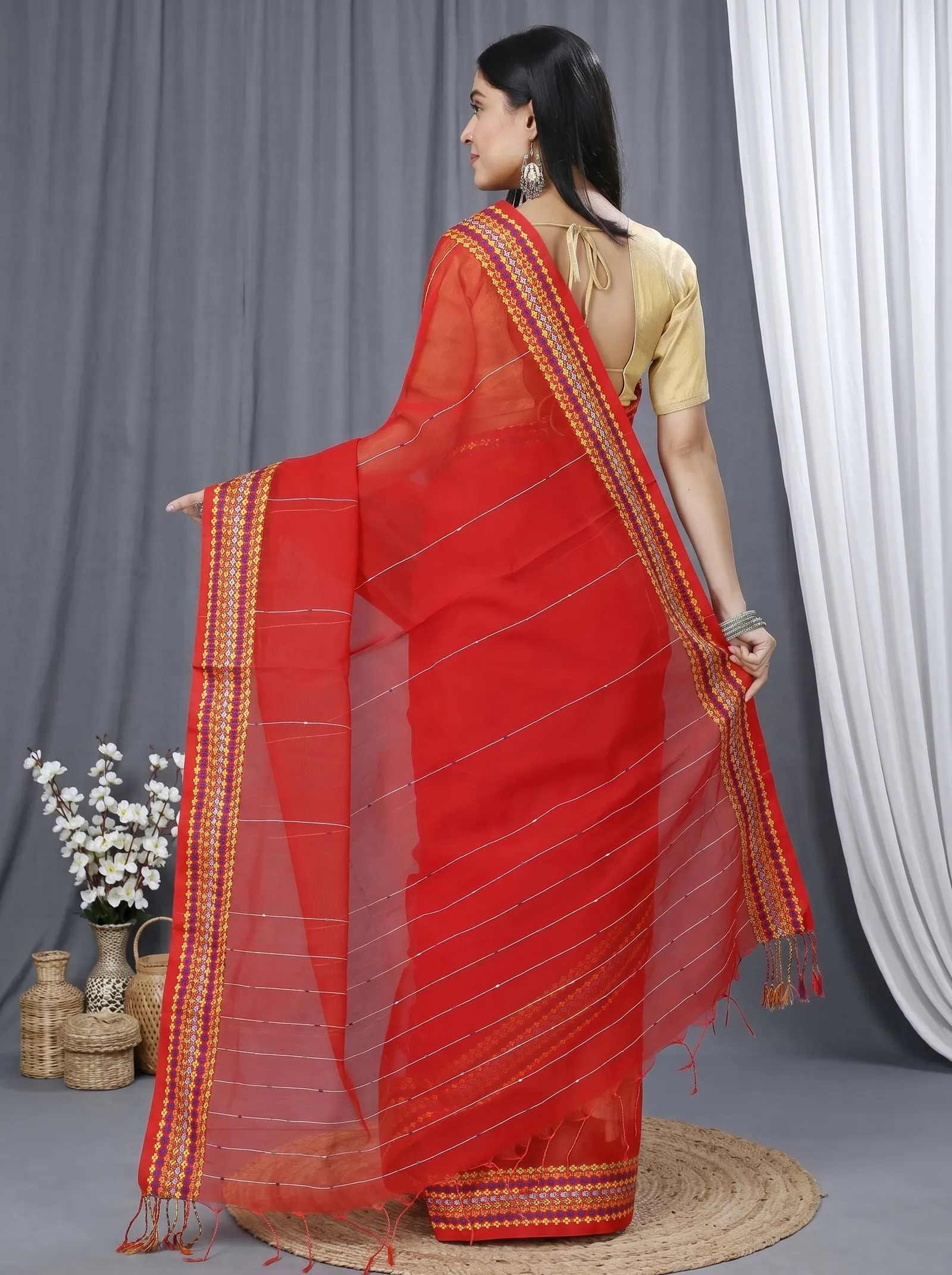 DipDiya Cotton  Traditional Bengali Red Artisan Crafted Popkn Handloom Saree