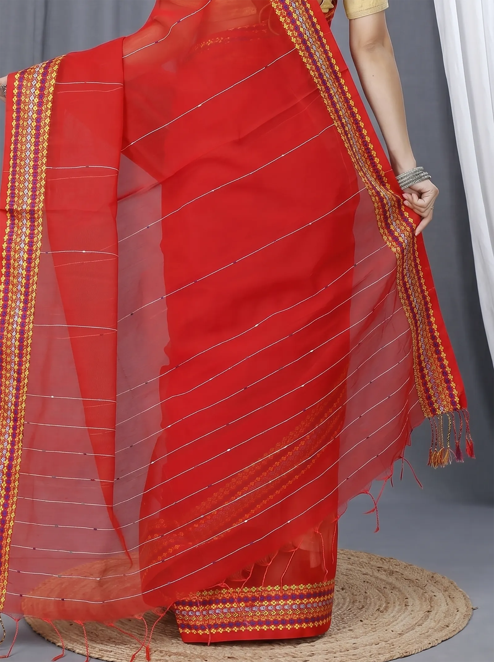 DipDiya Cotton  Traditional Bengali Red Artisan Crafted Popkn Handloom Saree