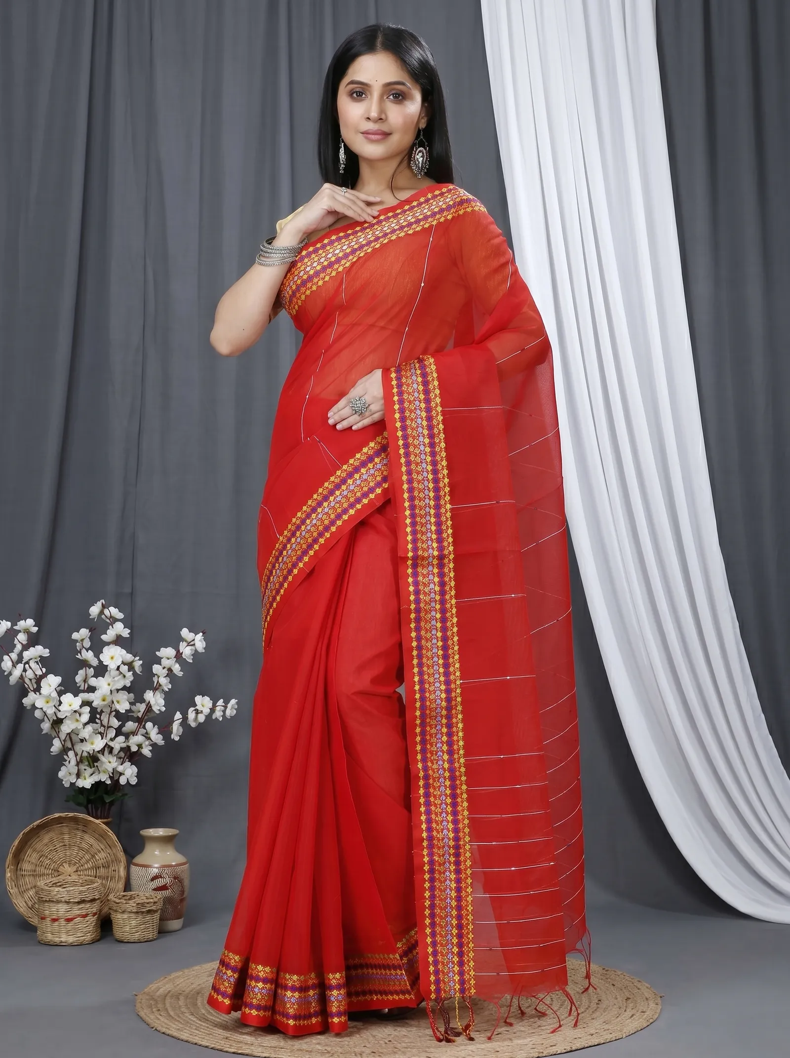 DipDiya Cotton  Traditional Bengali Red Artisan Crafted Popkn Handloom Saree
