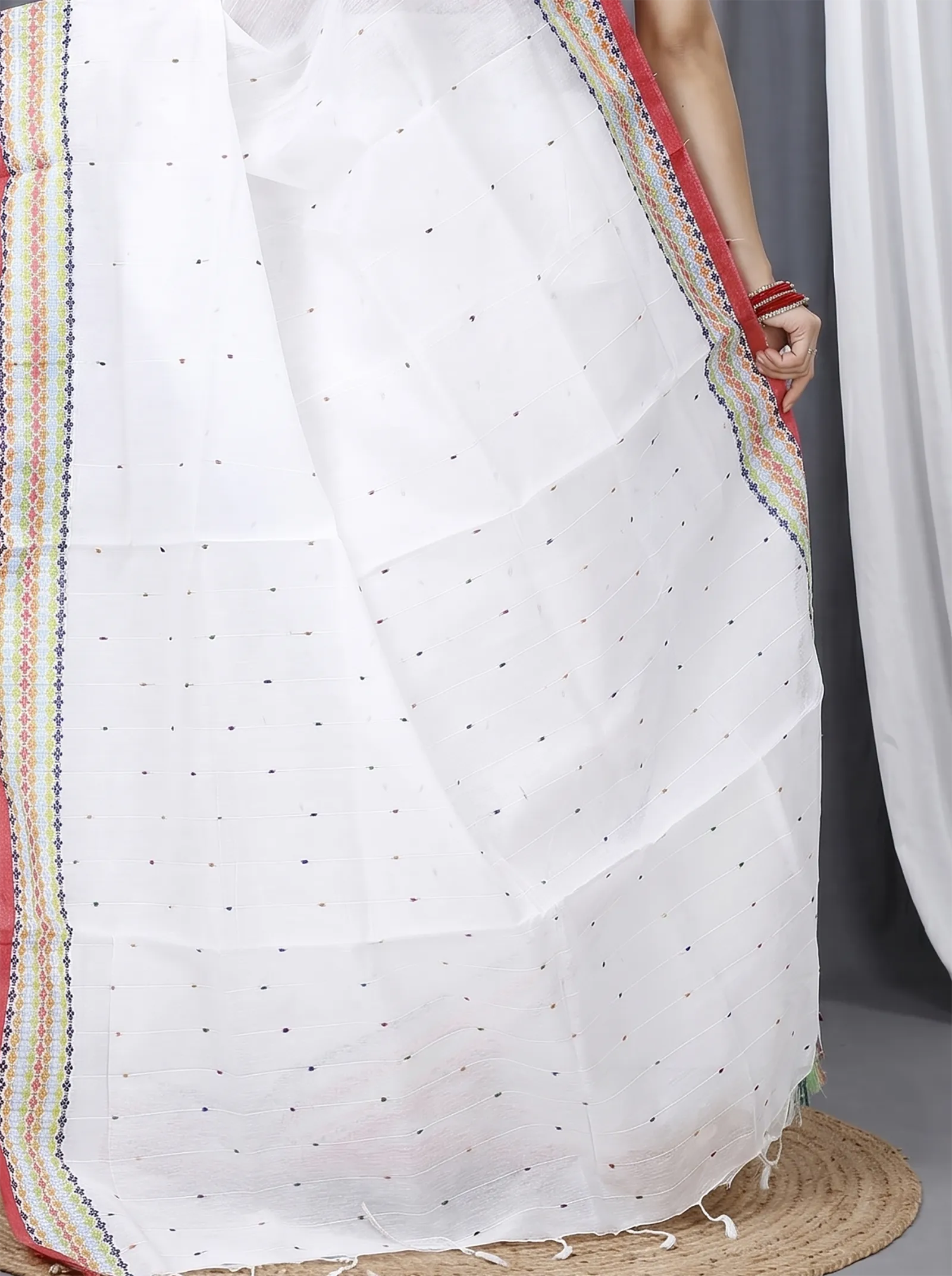 DipDiya Cotton  Traditional Bengali White Artisan Crafted Popkn Handloom Saree
