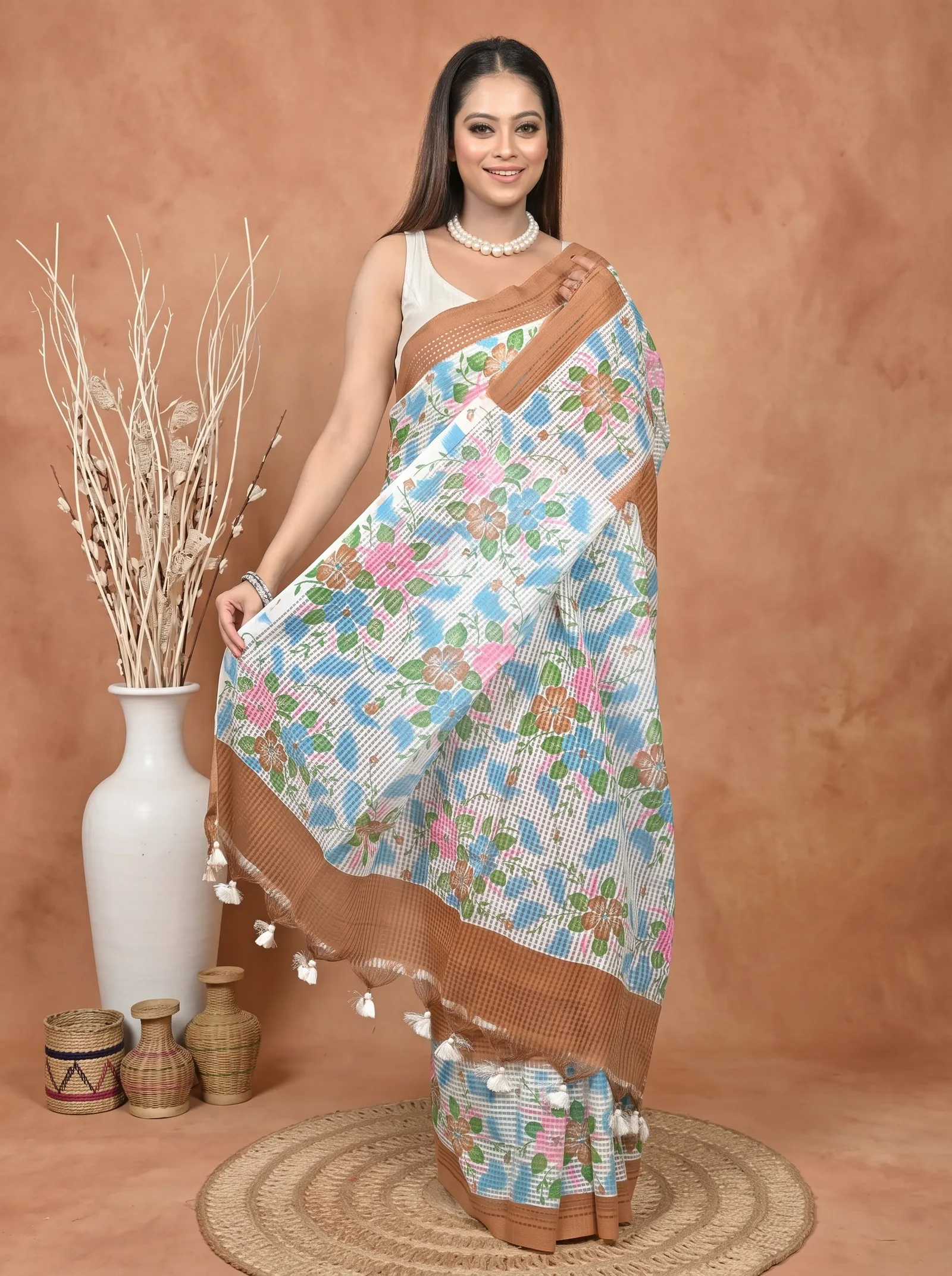 DipDiya Cotton  Traditional Bengali White Brown Artisan Crafted Soupon Kota Fabric Saree