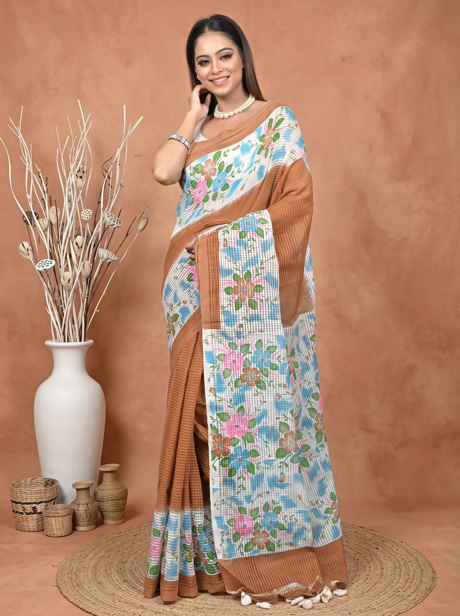 DipDiya Cotton  Traditional Bengali White Brown Artisan Crafted Soupon Kota Fabric Saree
