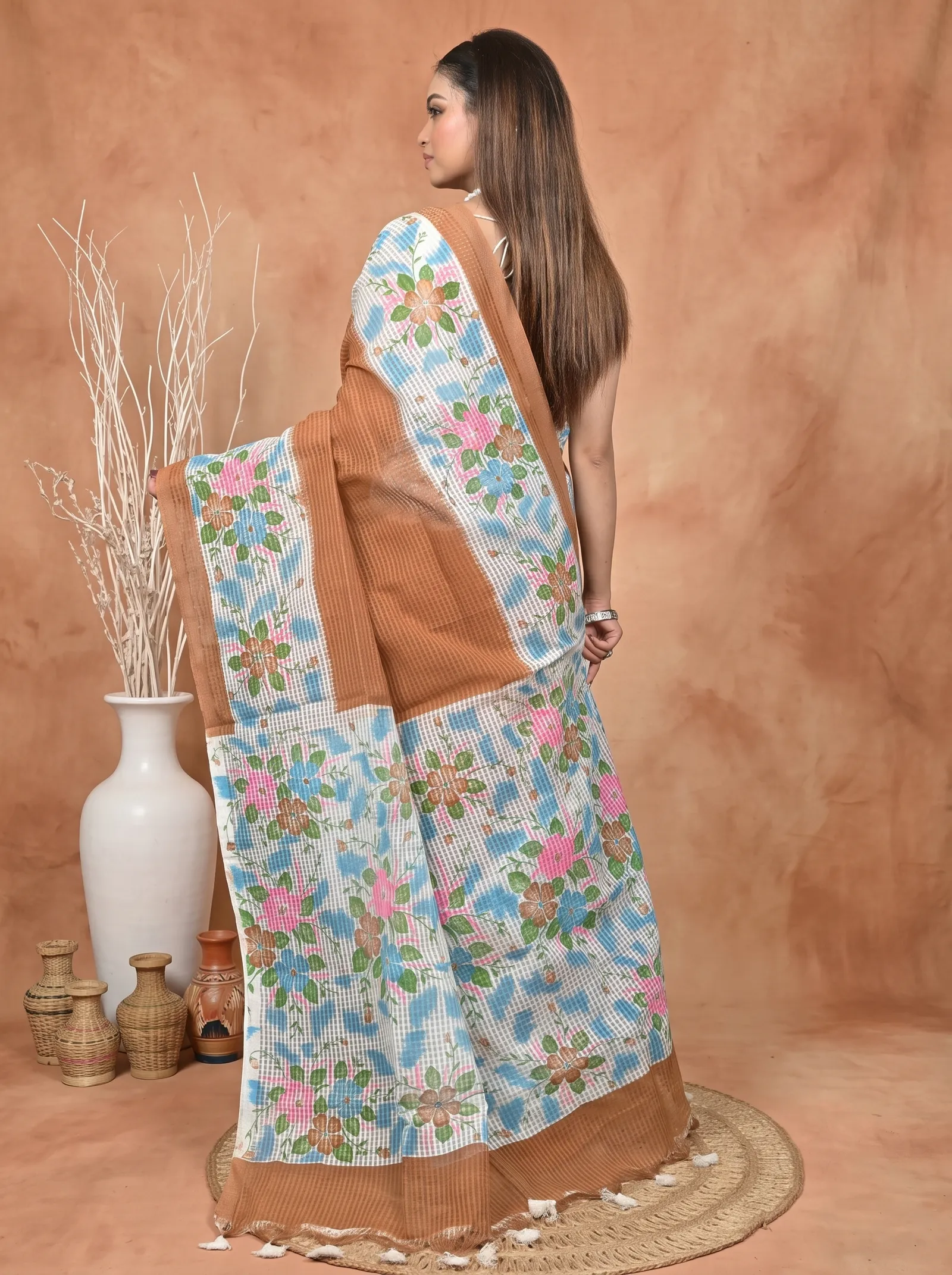 DipDiya Cotton  Traditional Bengali White Brown Artisan Crafted Soupon Kota Fabric Saree