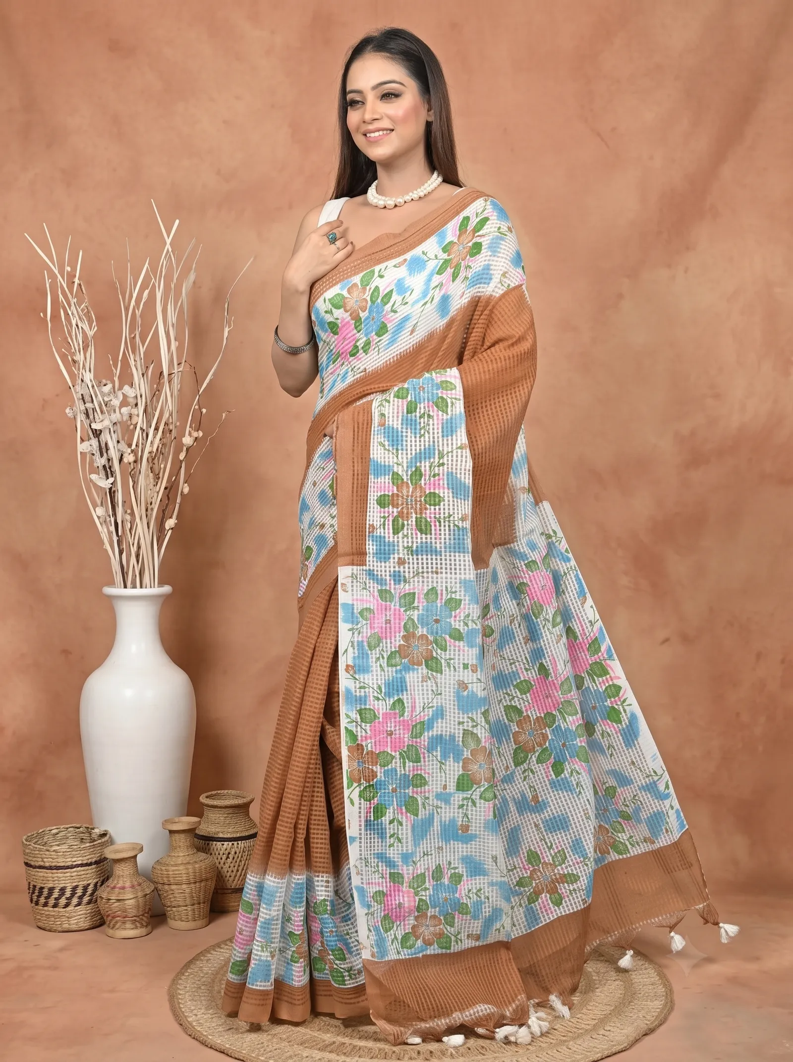 DipDiya Cotton  Traditional Bengali White Brown Artisan Crafted Soupon Kota Fabric Saree