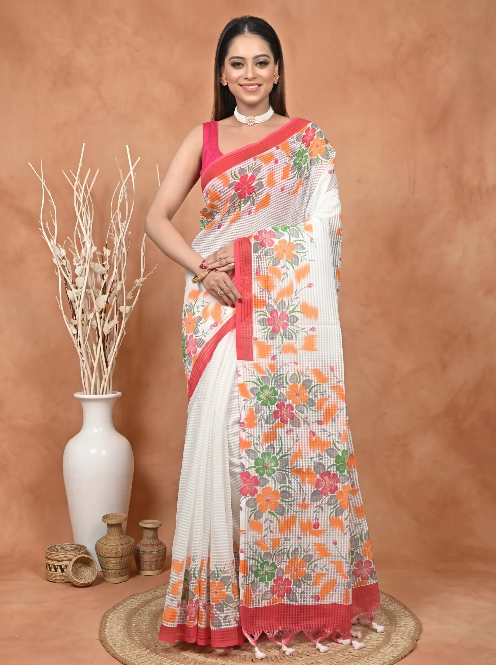 DipDiya Cotton  Traditional Bengali White Red Artisan Crafted Soupon Kota Fabric Saree