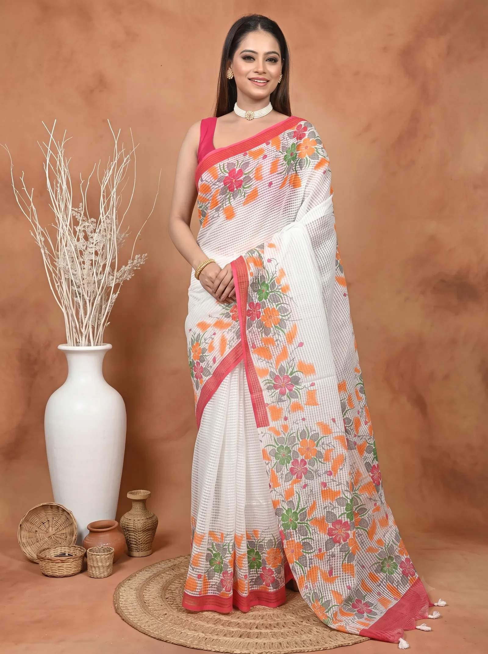 DipDiya Cotton  Traditional Bengali White Red Artisan Crafted Soupon Kota Fabric Saree
