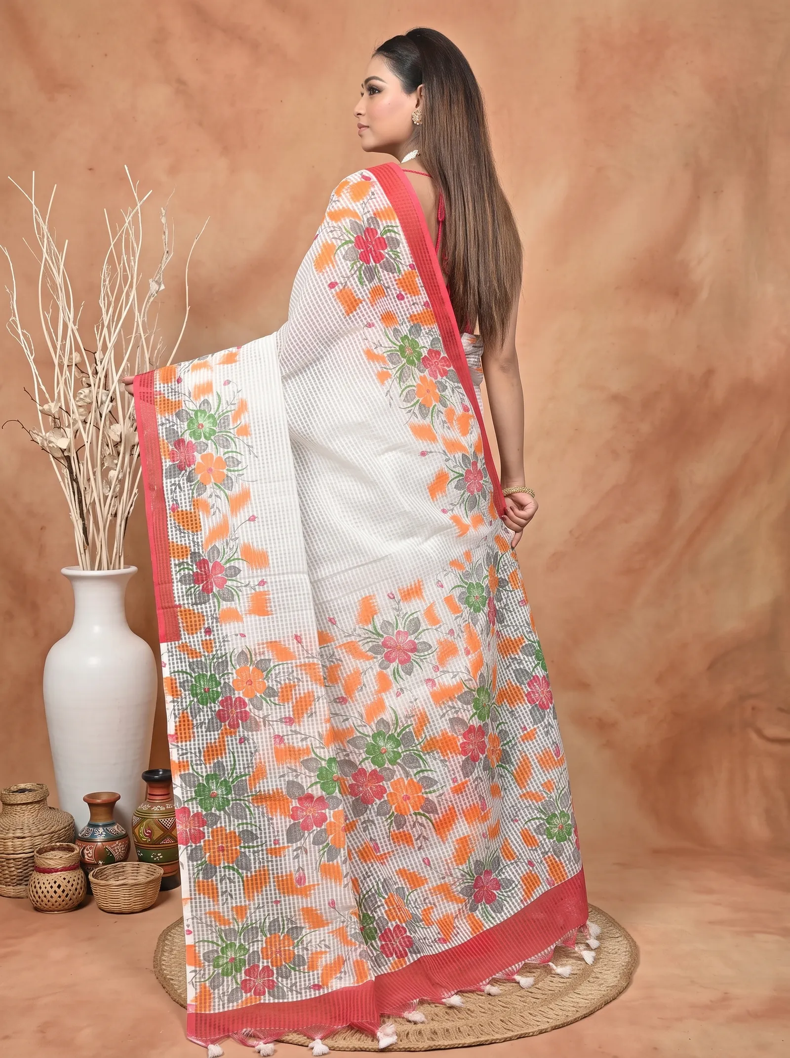 DipDiya Cotton  Traditional Bengali White Red Artisan Crafted Soupon Kota Fabric Saree