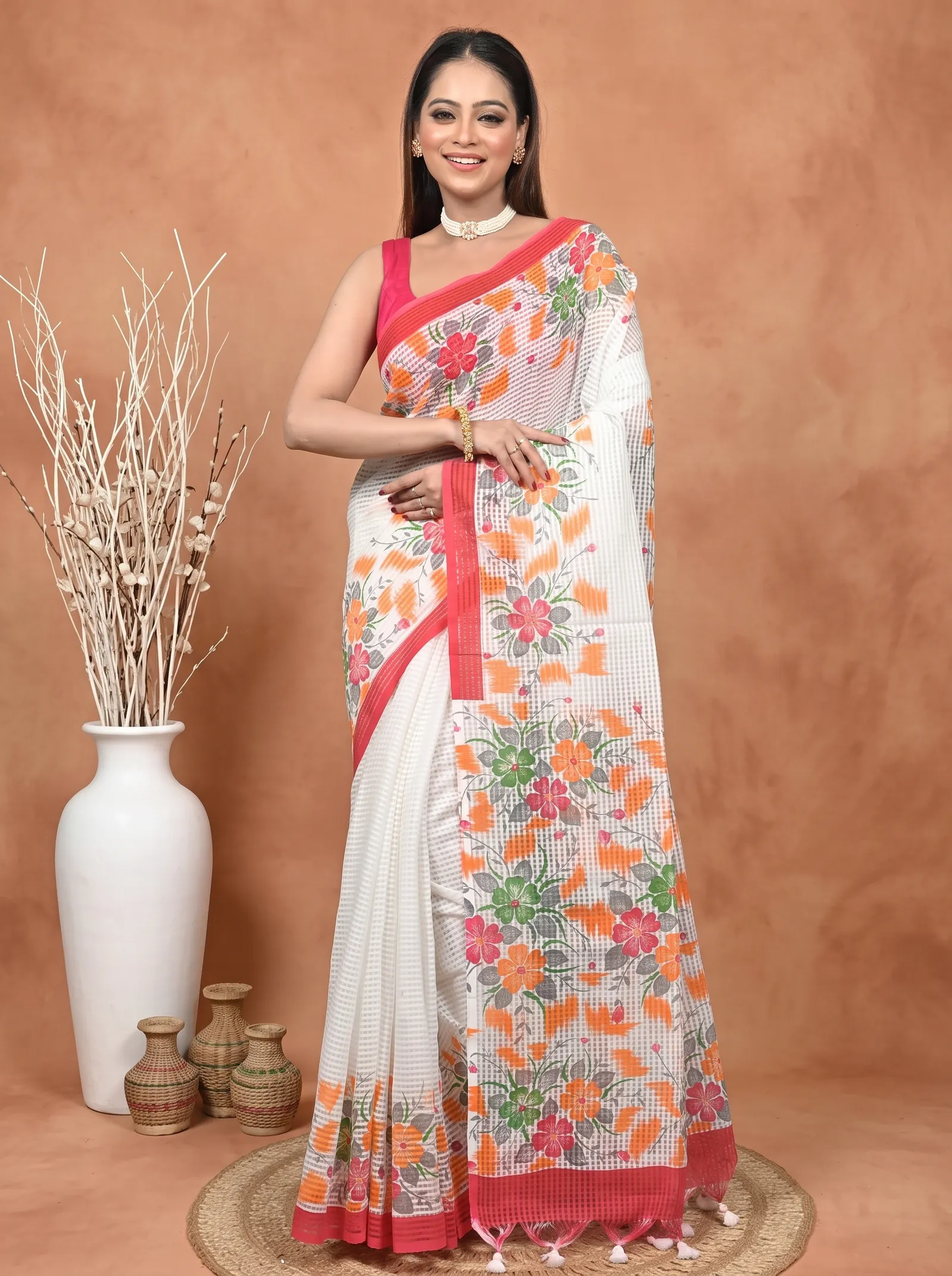 DipDiya Cotton  Traditional Bengali White Red Artisan Crafted Soupon Kota Fabric Saree