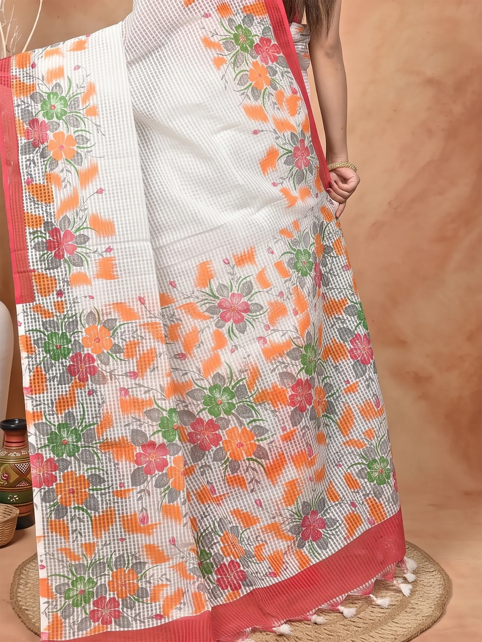 DipDiya Cotton  Traditional Bengali White Red Artisan Crafted Soupon Kota Fabric Saree