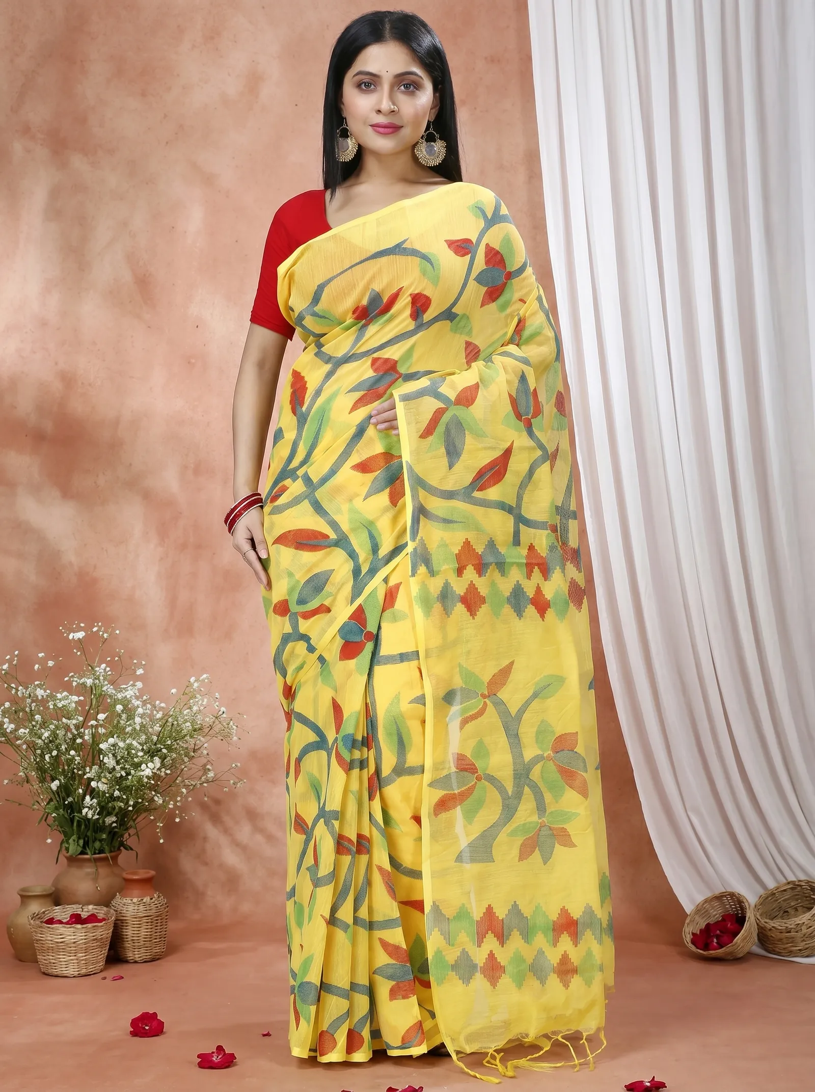 DipDiya Cotton  Traditional Bengali Yellow Artisan Crafted Naren Handloom Saree