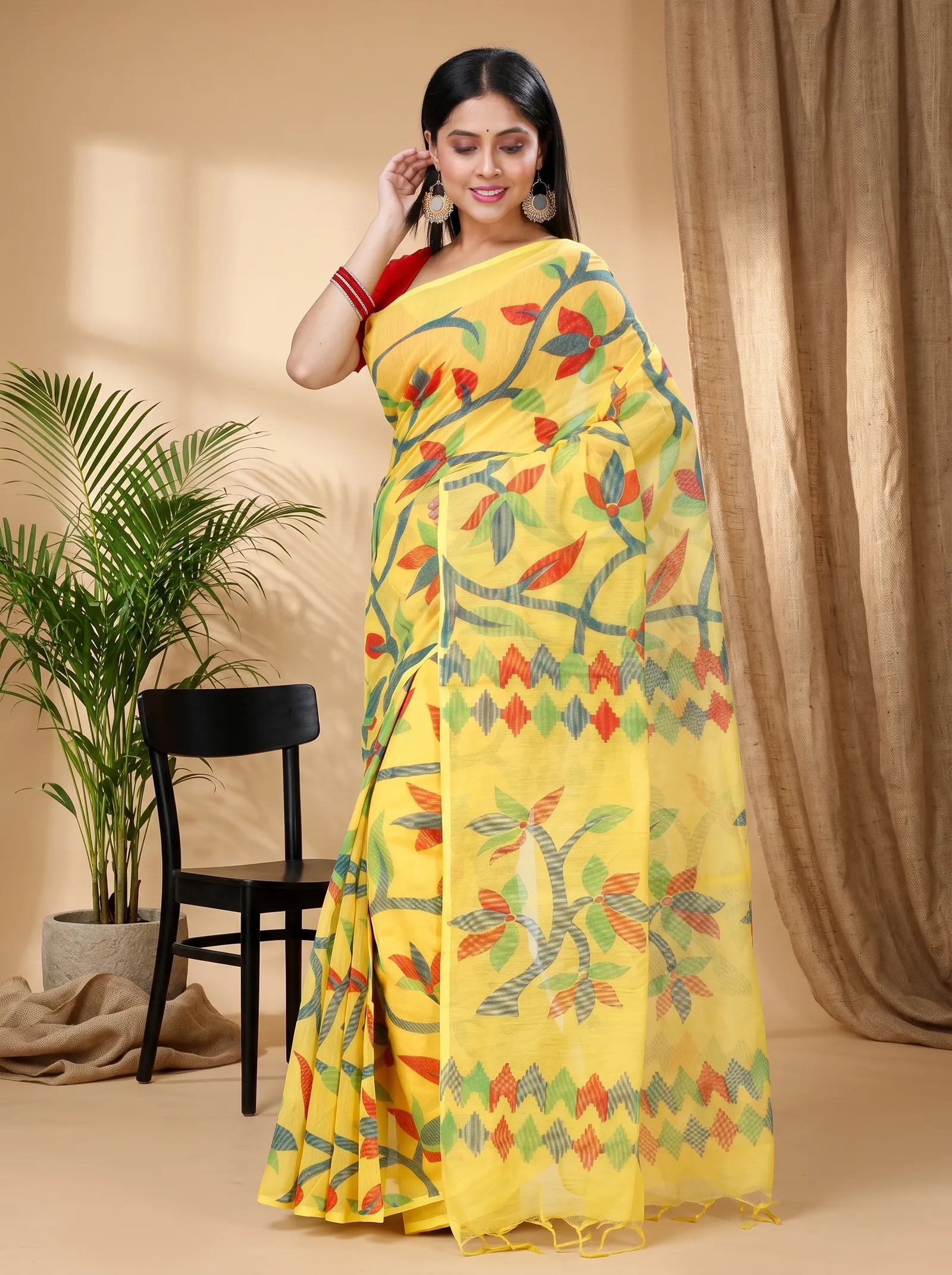 DipDiya Cotton  Traditional Bengali Yellow Artisan Crafted Naren Handloom Saree