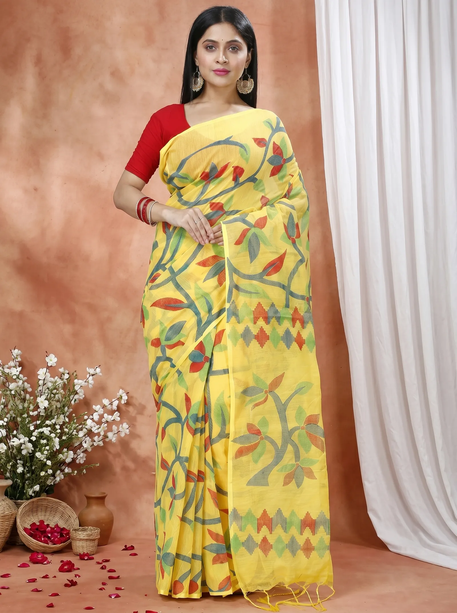 DipDiya Cotton  Traditional Bengali Yellow Artisan Crafted Naren Handloom Saree