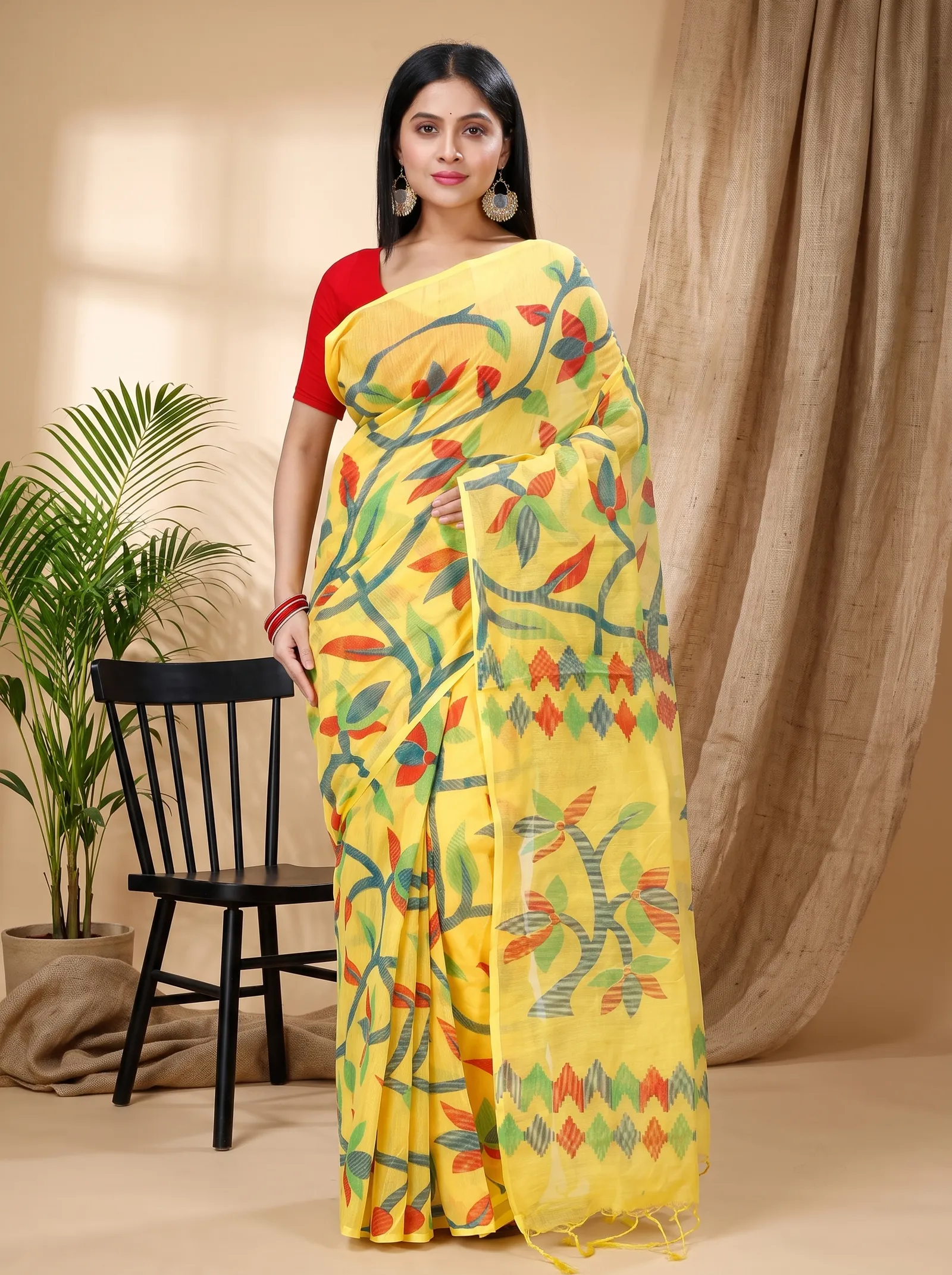 DipDiya Cotton  Traditional Bengali Yellow Artisan Crafted Naren Handloom Saree