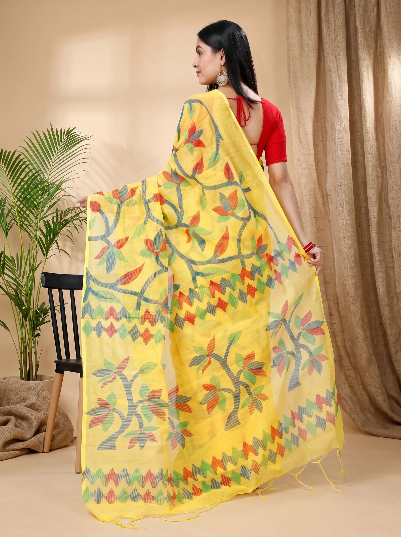 DipDiya Cotton  Traditional Bengali Yellow Artisan Crafted Naren Handloom Saree