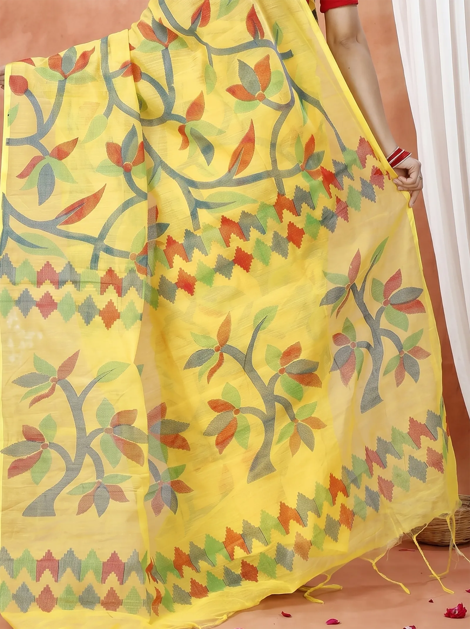 DipDiya Cotton  Traditional Bengali Yellow Artisan Crafted Naren Handloom Saree