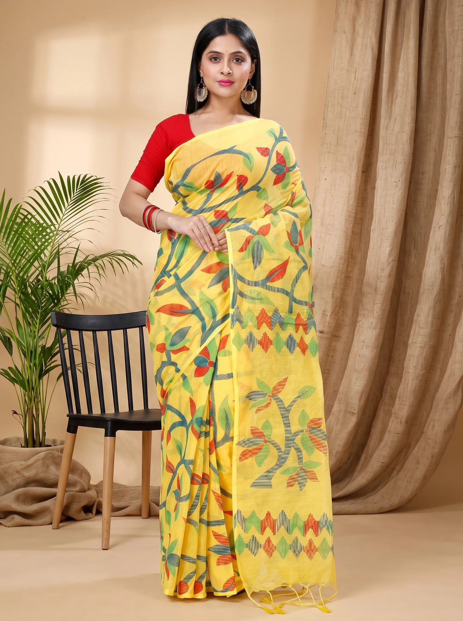 DipDiya Cotton  Traditional Bengali Yellow Artisan Crafted Naren Handloom Saree