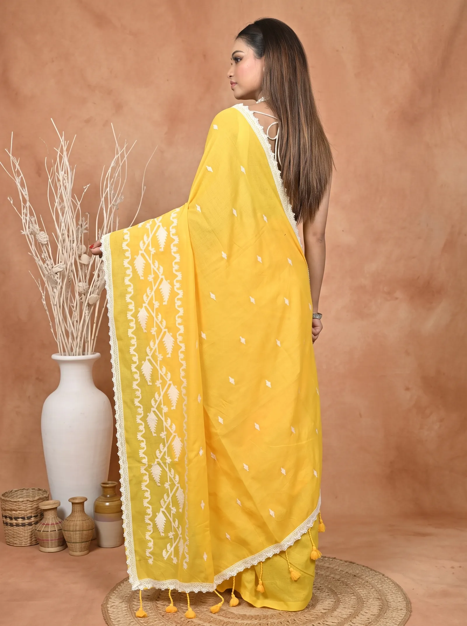 DipDiya Cotton  Traditional Bengali Yellow Artisan Crafted Parepu Handloom Saree