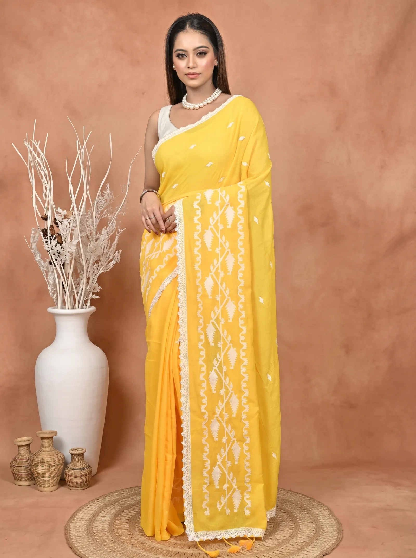 DipDiya Cotton  Traditional Bengali Yellow Artisan Crafted Parepu Handloom Saree