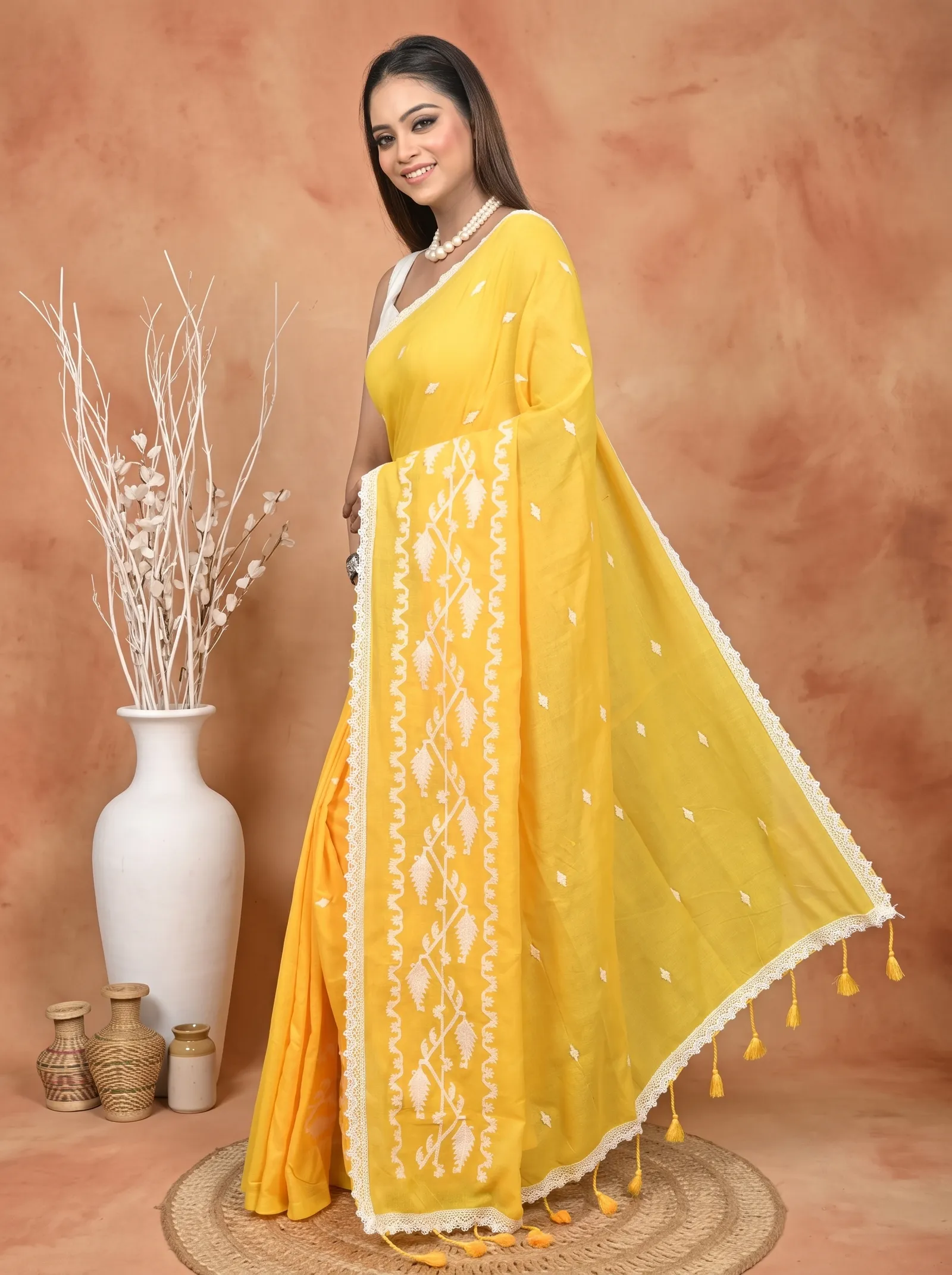 DipDiya Cotton  Traditional Bengali Yellow Artisan Crafted Parepu Handloom Saree