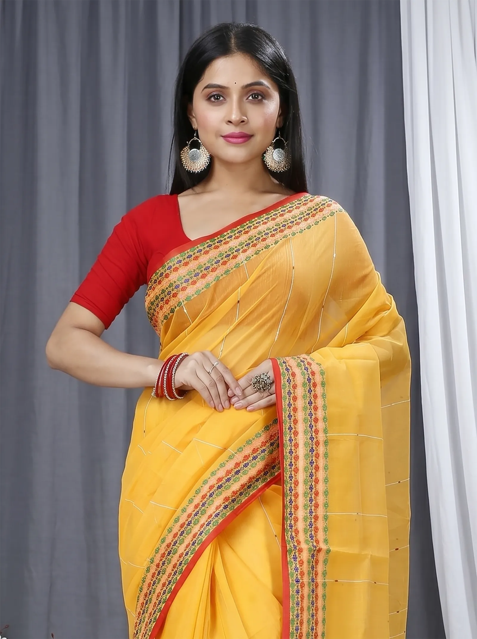 DipDiya Cotton  Traditional Bengali Yellow Artisan Crafted Popkn Handloom Saree