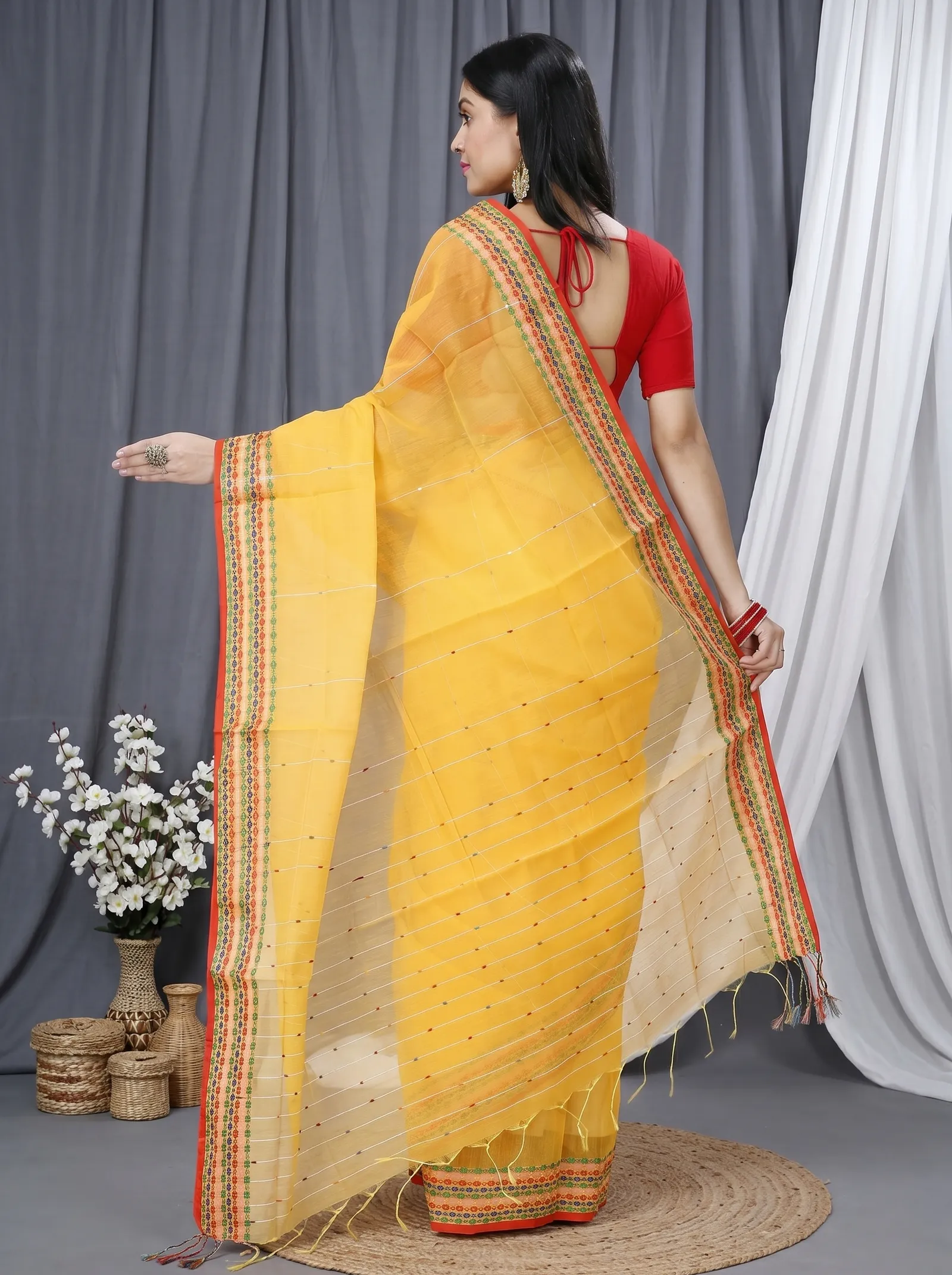 DipDiya Cotton  Traditional Bengali Yellow Artisan Crafted Popkn Handloom Saree