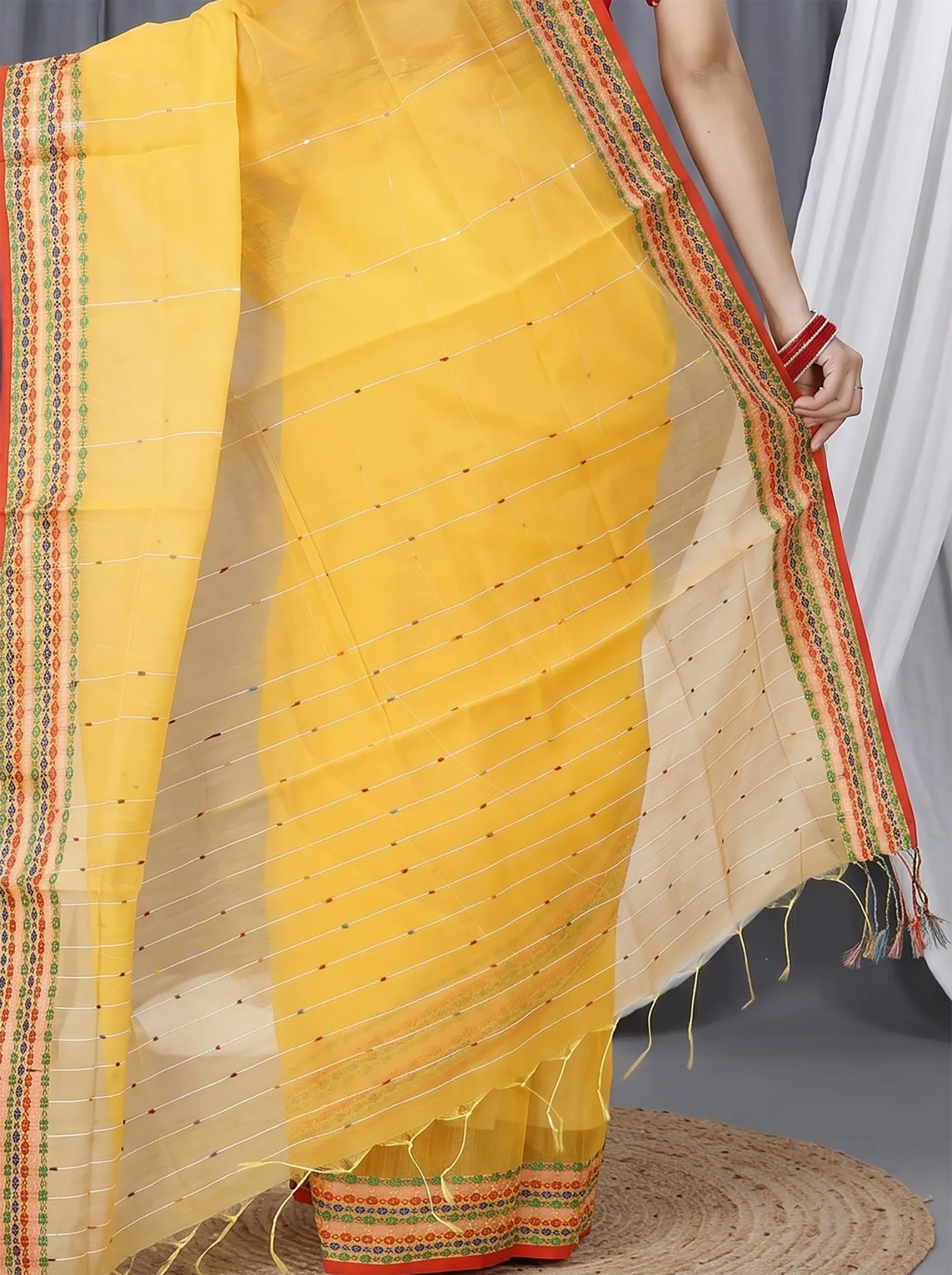 DipDiya Cotton  Traditional Bengali Yellow Artisan Crafted Popkn Handloom Saree