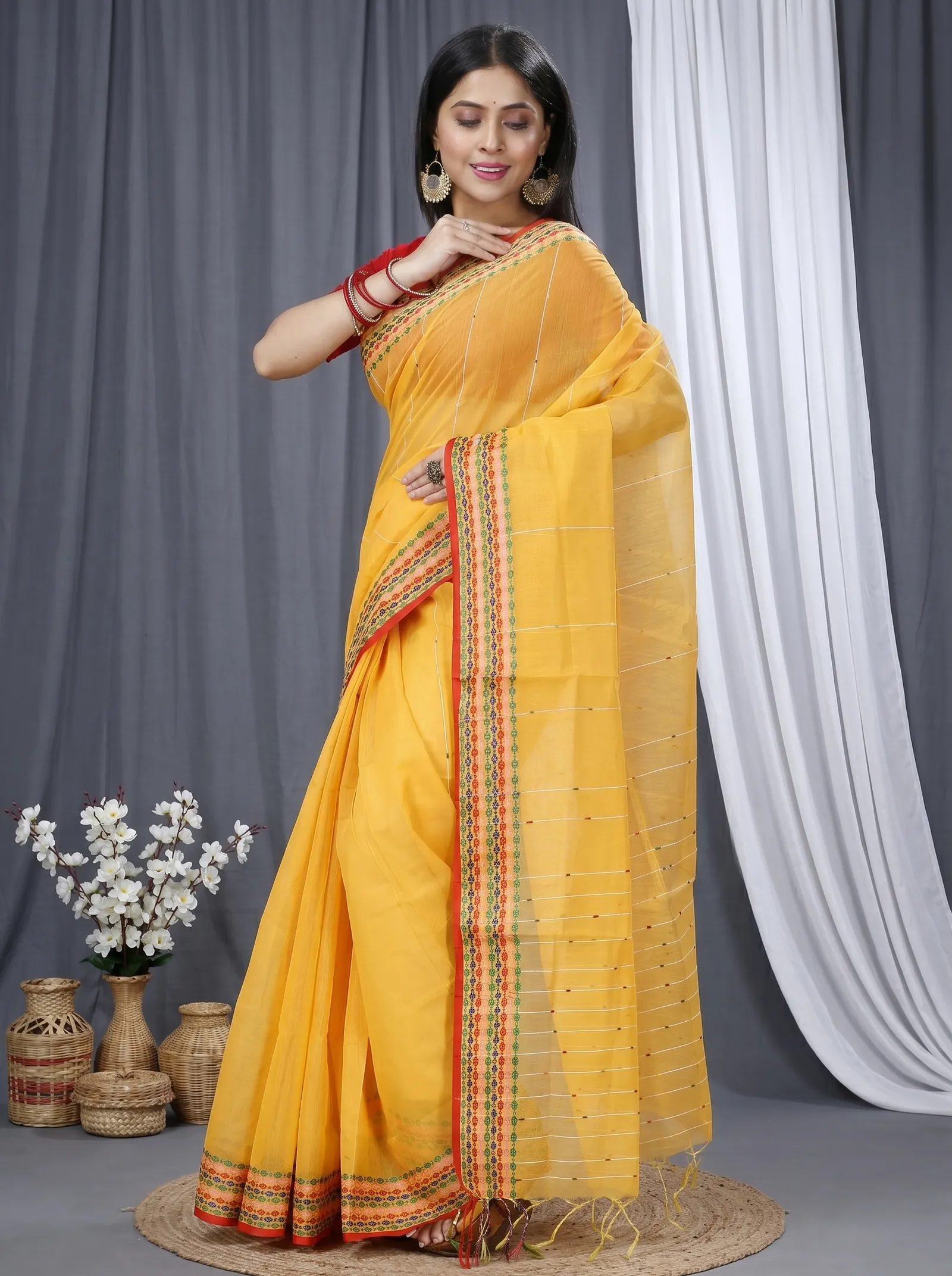 DipDiya Cotton  Traditional Bengali Yellow Artisan Crafted Popkn Handloom Saree