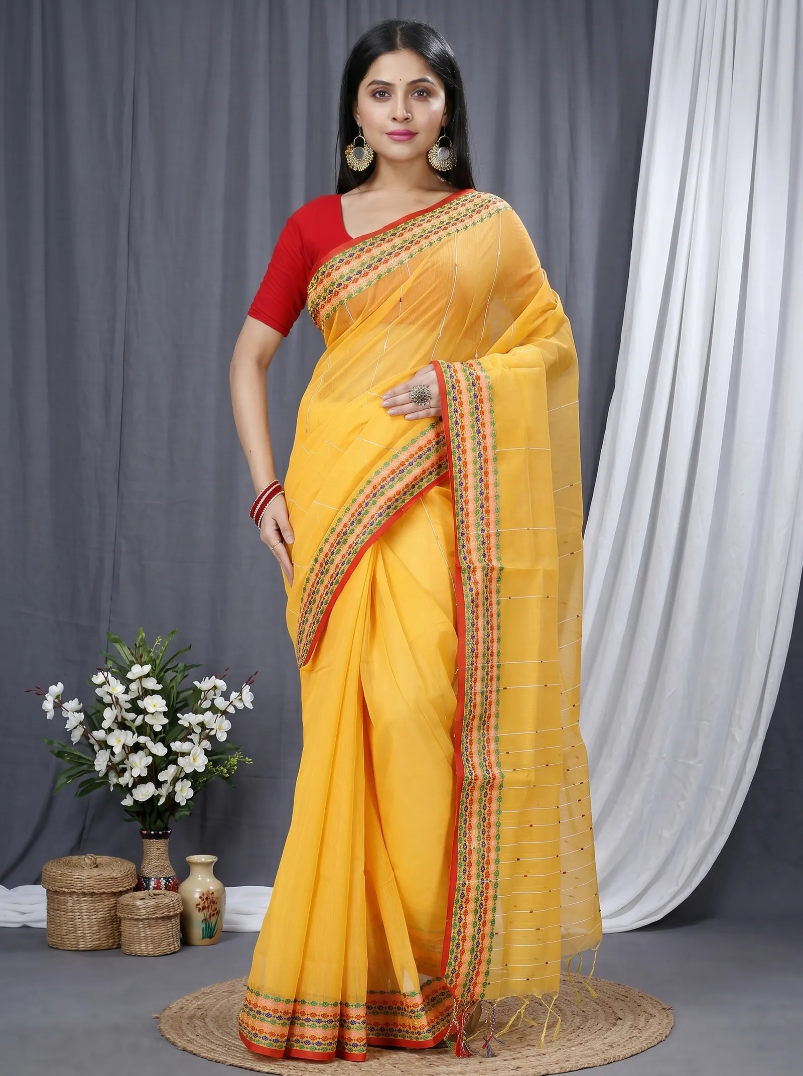 DipDiya Cotton  Traditional Bengali Yellow Artisan Crafted Popkn Handloom Saree