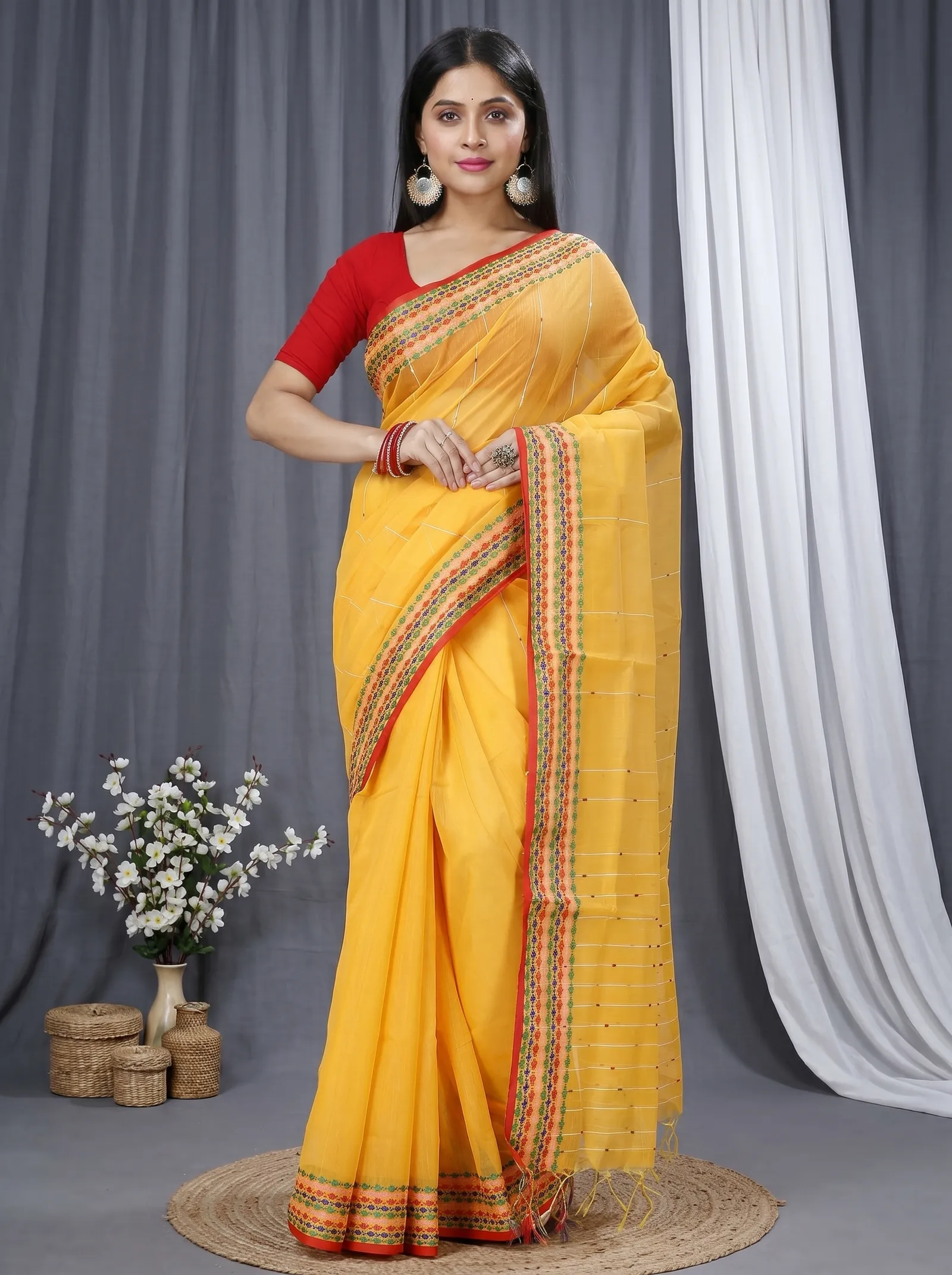 DipDiya Cotton  Traditional Bengali Yellow Artisan Crafted Popkn Handloom Saree