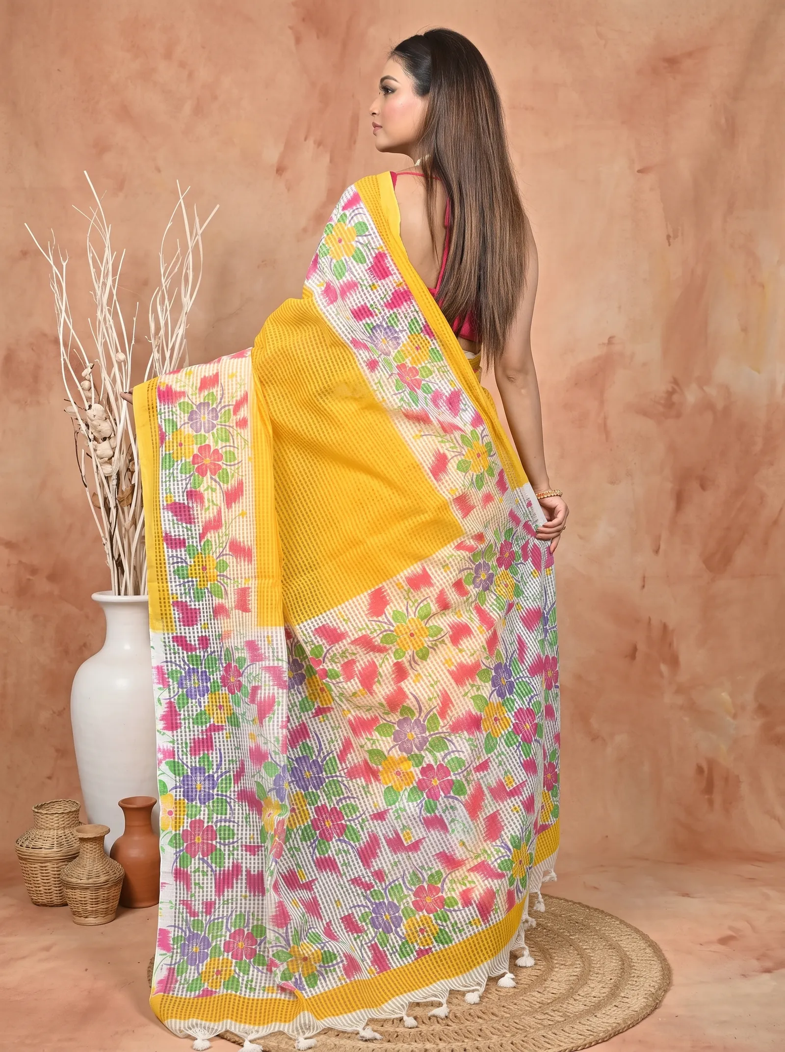 DipDiya Cotton  Traditional Bengali Yellow White Artisan Crafted Soupon Kota Fabric Saree
