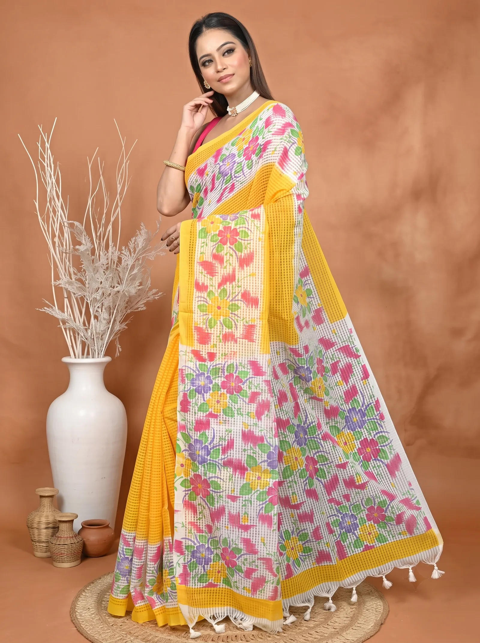 DipDiya Cotton  Traditional Bengali Yellow White Artisan Crafted Soupon Kota Fabric Saree