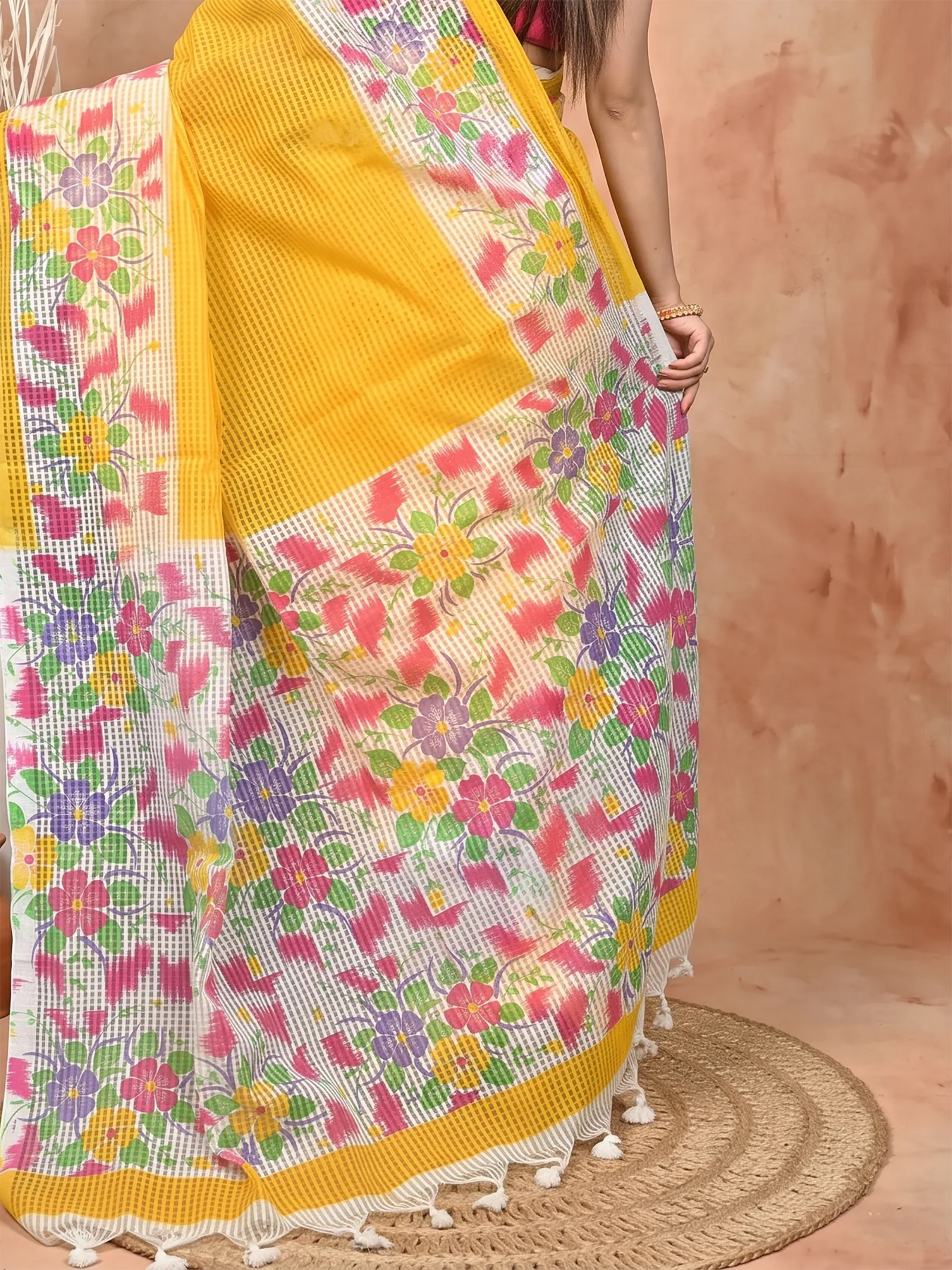 DipDiya Cotton  Traditional Bengali Yellow White Artisan Crafted Soupon Kota Fabric Saree