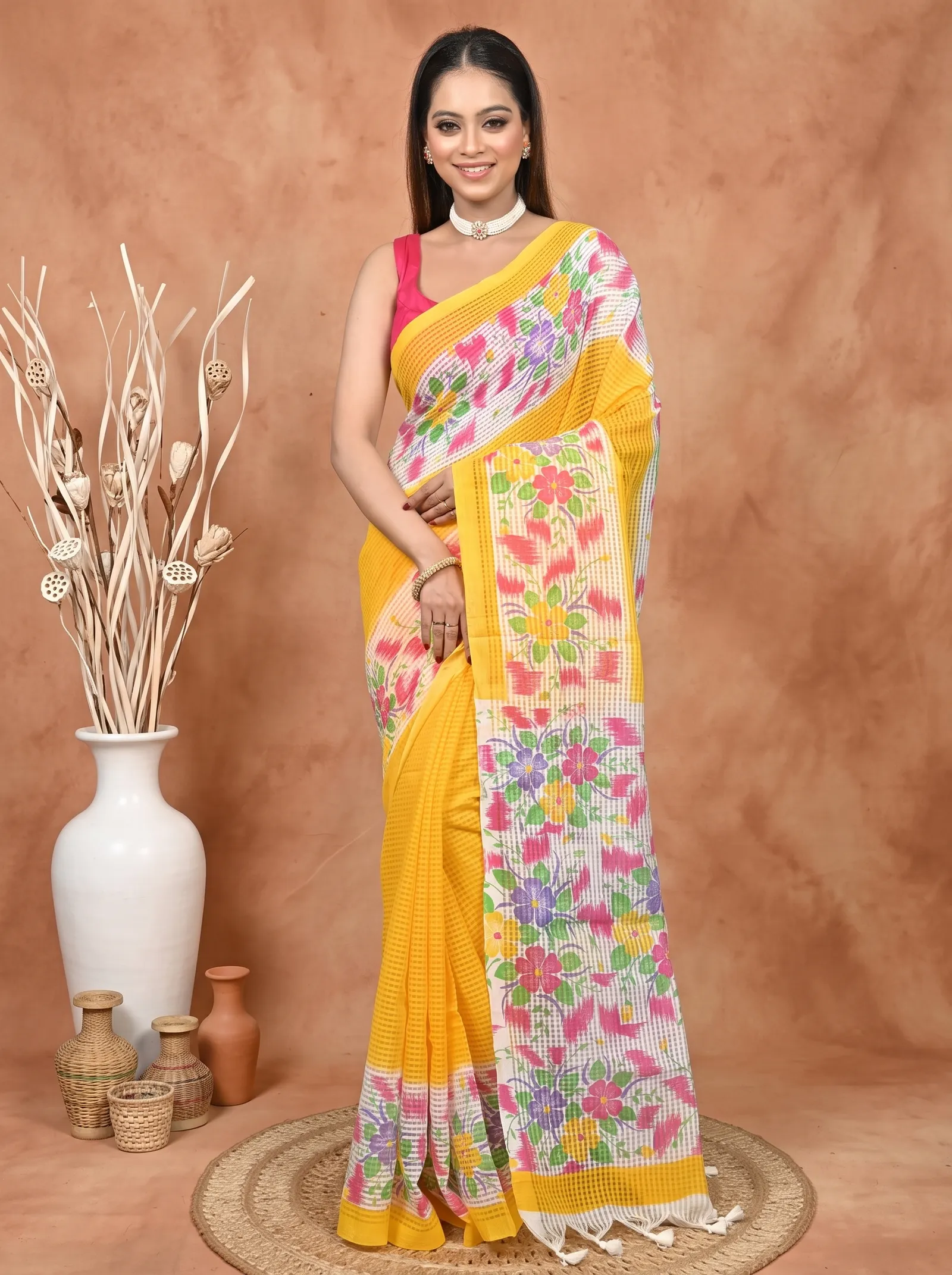 DipDiya Cotton  Traditional Bengali Yellow White Artisan Crafted Soupon Kota Fabric Saree