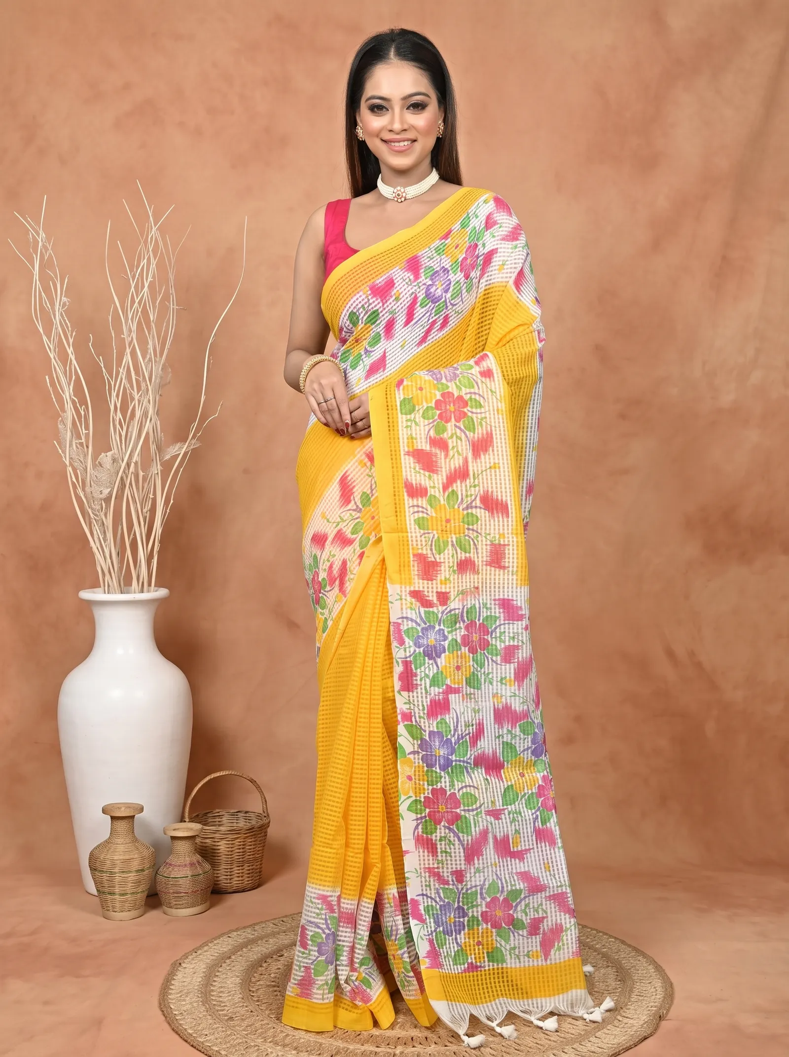 DipDiya Cotton  Traditional Bengali Yellow White Artisan Crafted Soupon Kota Fabric Saree