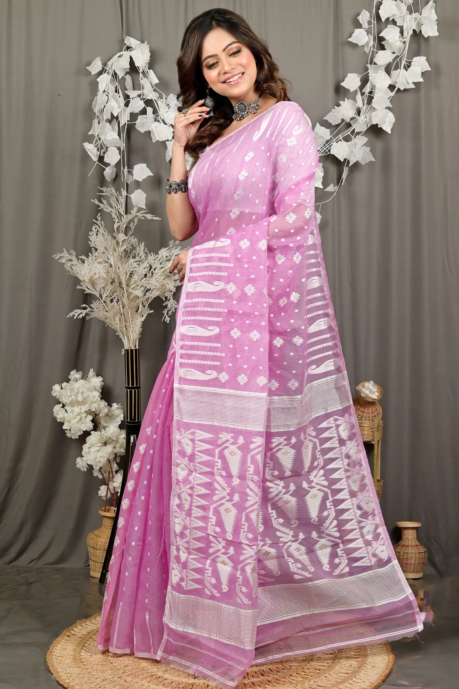 DipDiya Cotton Violet Folai Classic Grace Jamdani Sarees