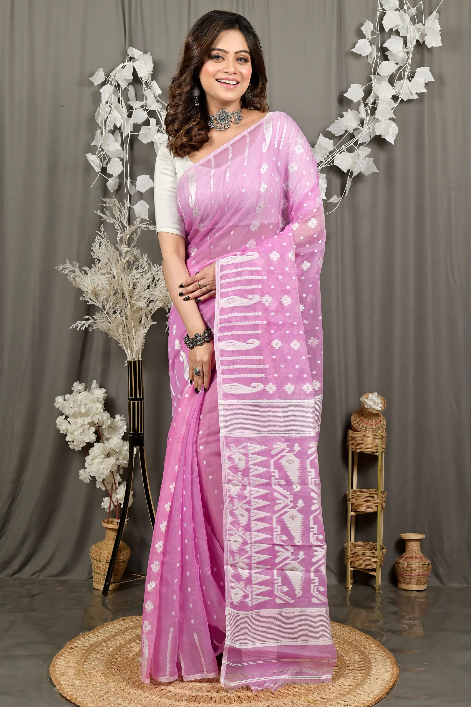 DipDiya Cotton Violet Folai Classic Grace Jamdani Sarees