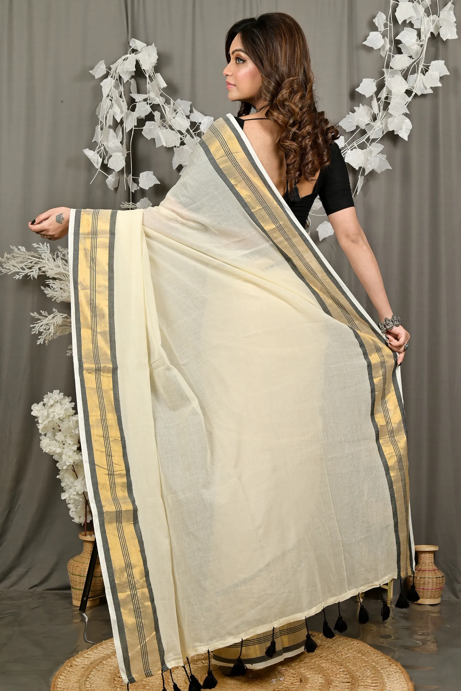 DipDiya Cotton White Brown Sofeda Timeless Bengal Handloom Sarees