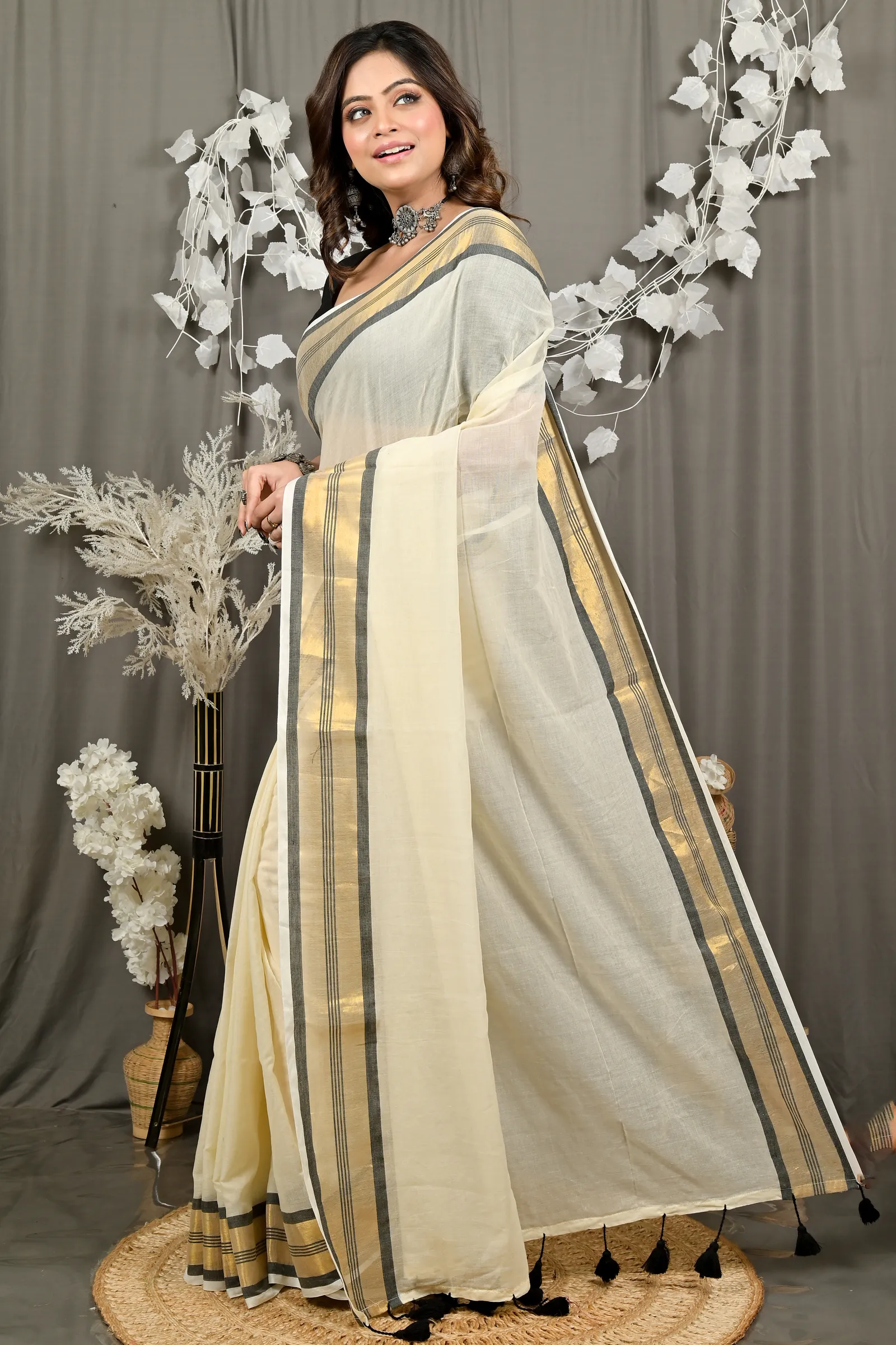 DipDiya Cotton White Brown Sofeda Timeless Bengal Handloom Sarees