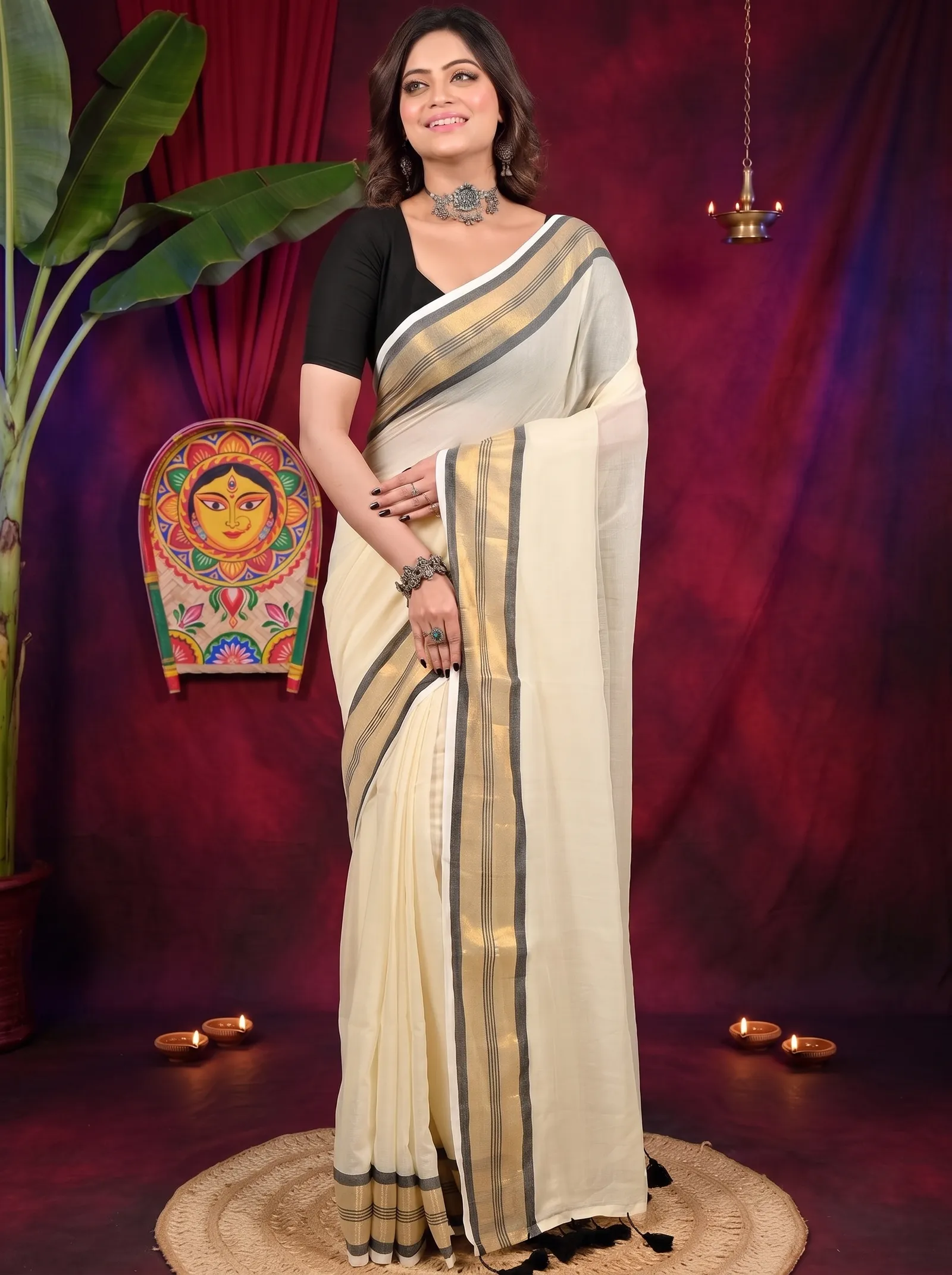 DipDiya Cotton White Brown Sofeda Timeless Bengal Handloom Sarees