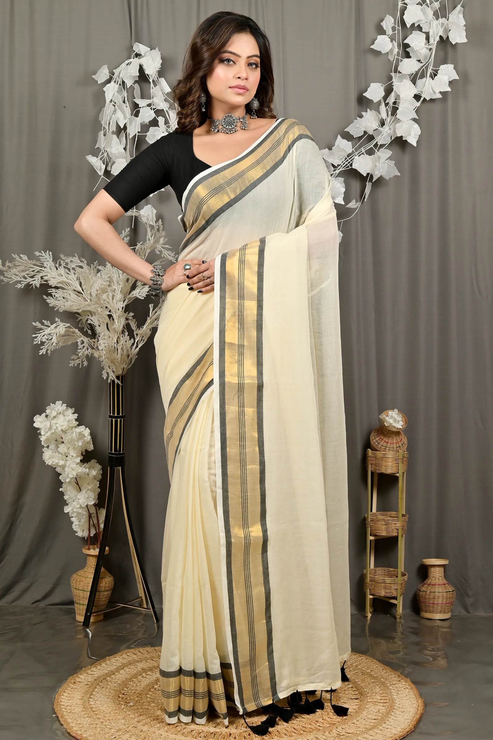 DipDiya Cotton White Brown Sofeda Timeless Bengal Handloom Sarees