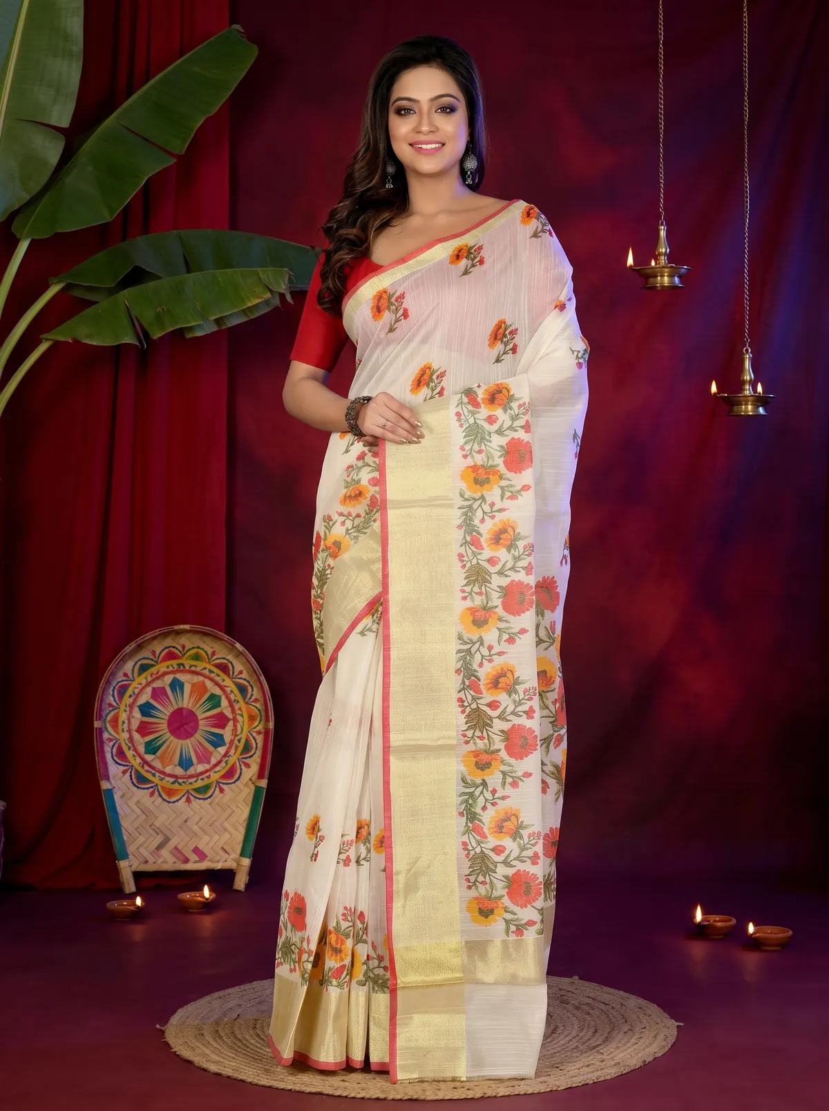 DipDiya Cotton White Narme Masterfully Woven Printed Handloom Sarees